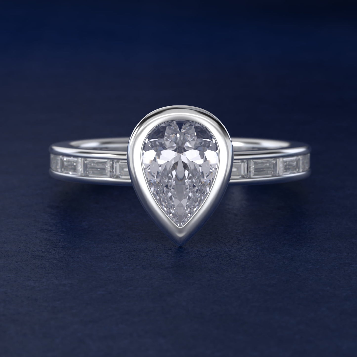 Bezel Engagement Ring with Channel Set Diamond Accent in Platinum - Pear Center