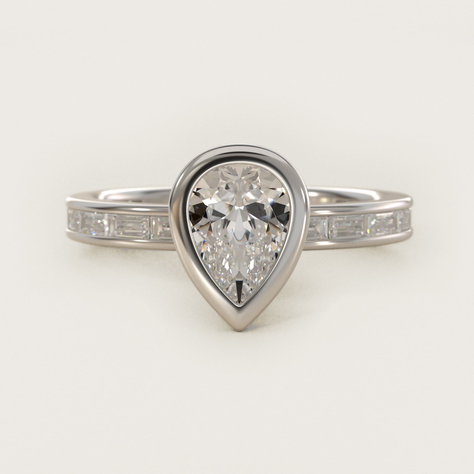Bezel Engagement Ring with Channel Set Diamond Accent in Platinum - Pear Center