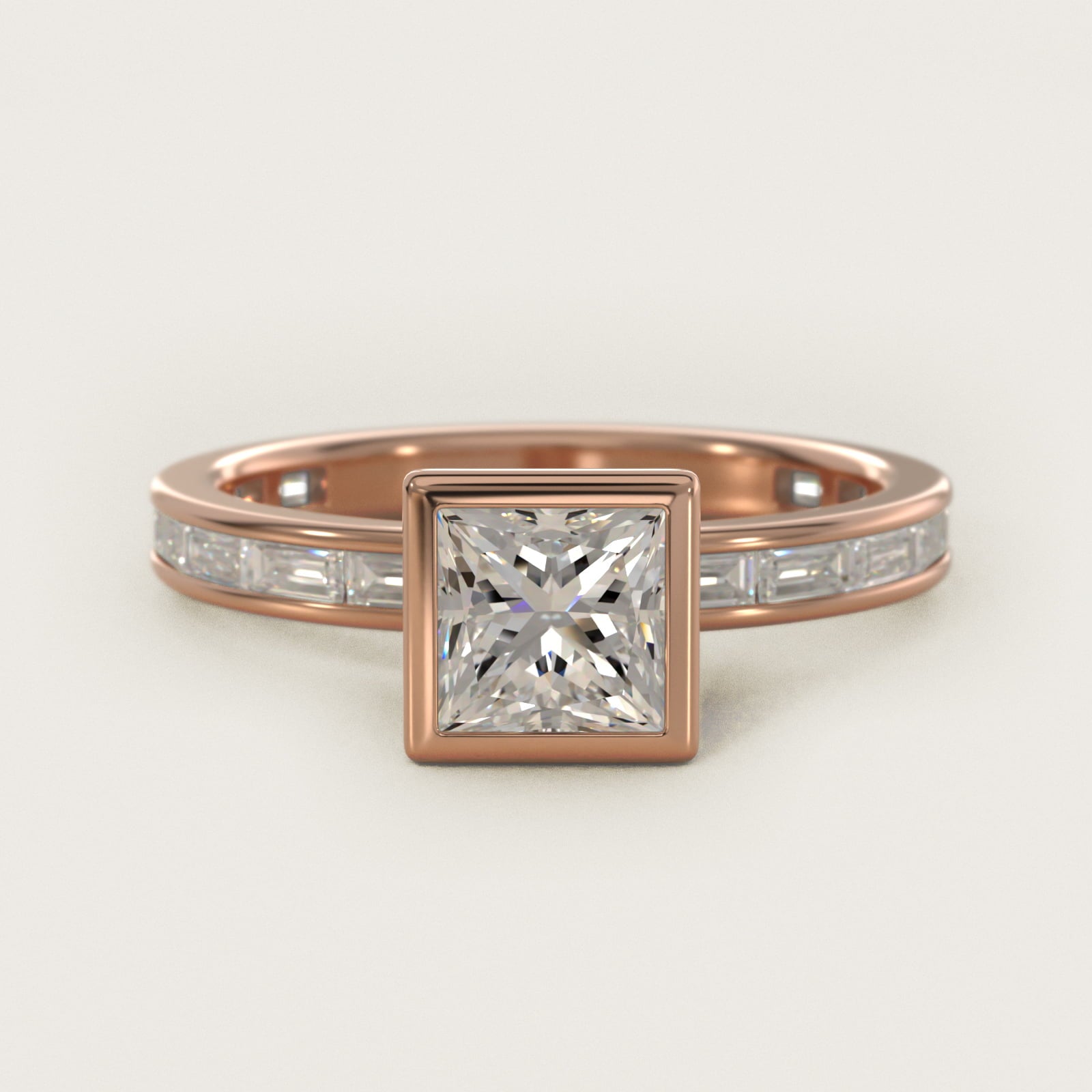 Bezel Engagement Ring with Channel Set Diamond Accent in 14K Rose Gold - Princess Center
