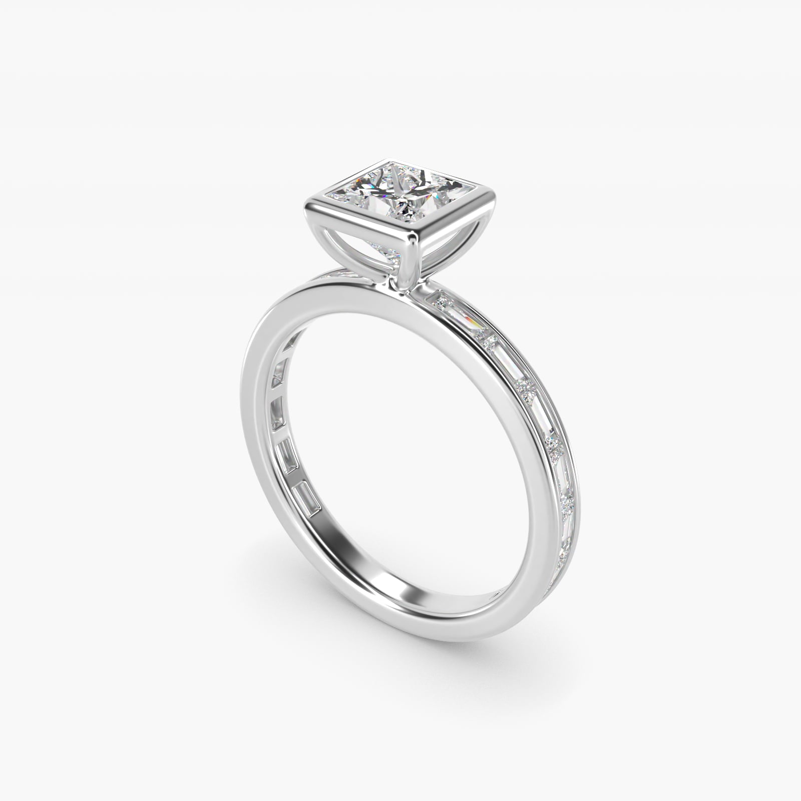 Bezel Engagement Ring with Channel Set Diamond Accent in 14K White Gold - Princess Center