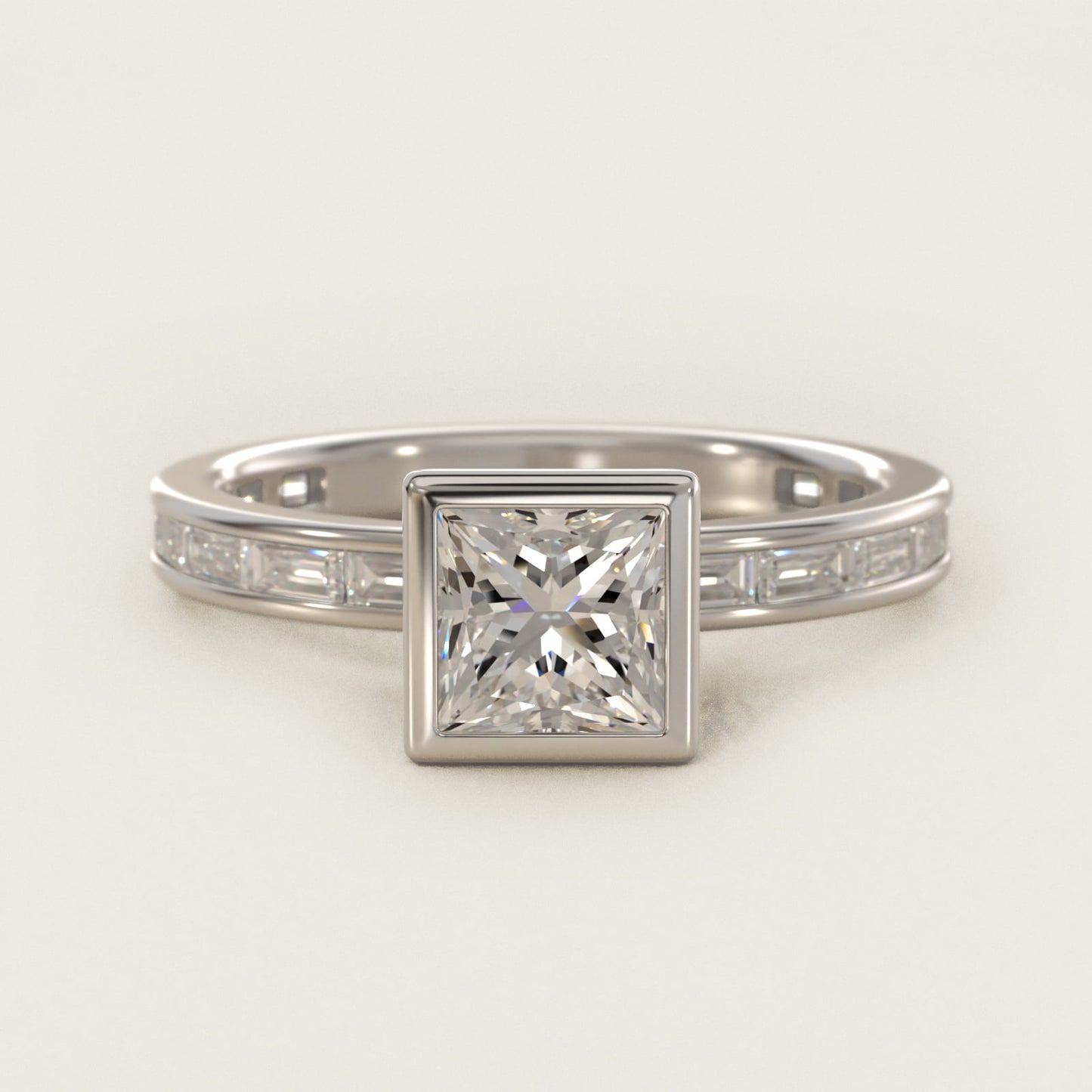 Bezel Engagement Ring with Channel Set Diamond Accent in 18k White Gold - Princess Center