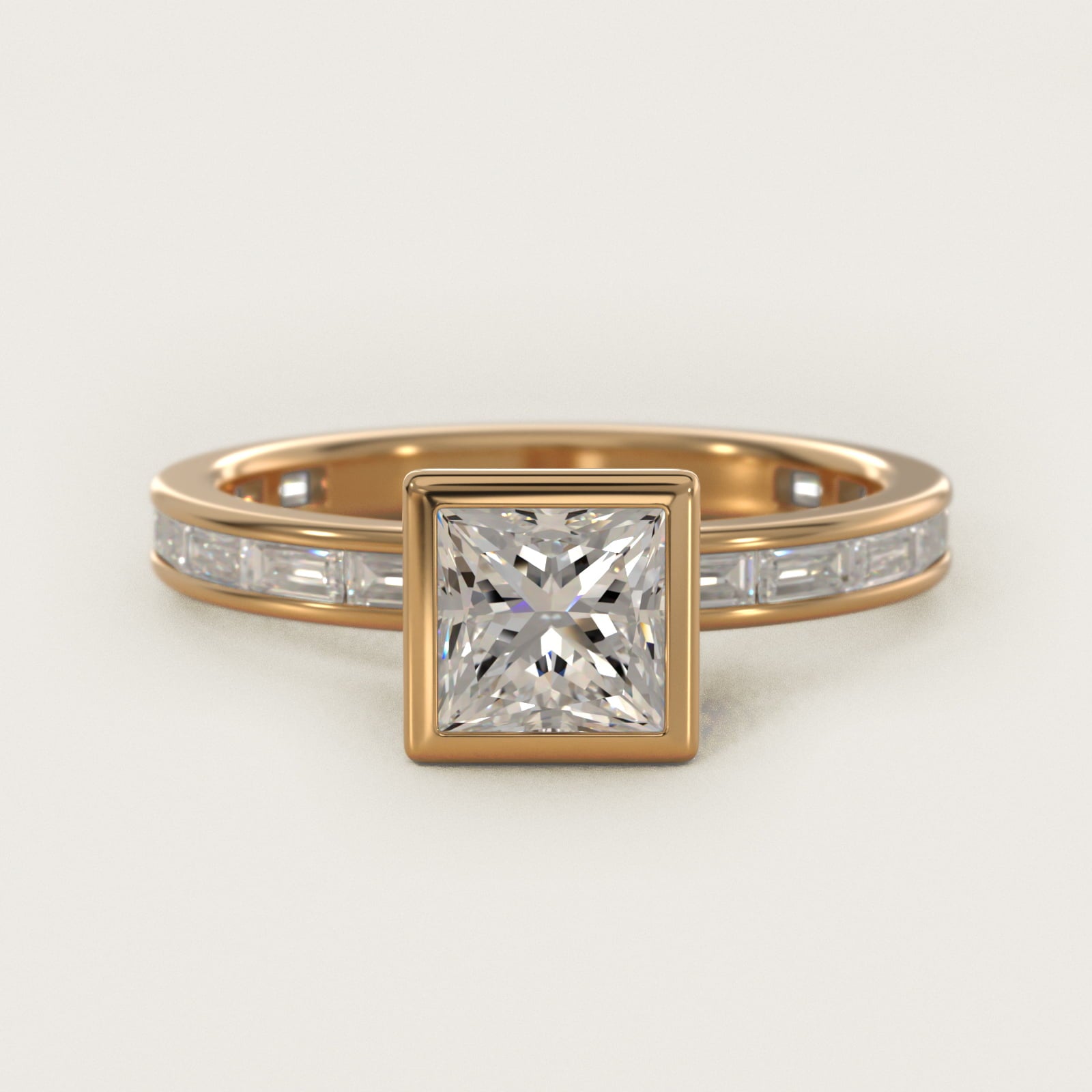 Bezel Engagement Ring with Channel Set Diamond Accent in 14K Yellow Gold - Princess Center