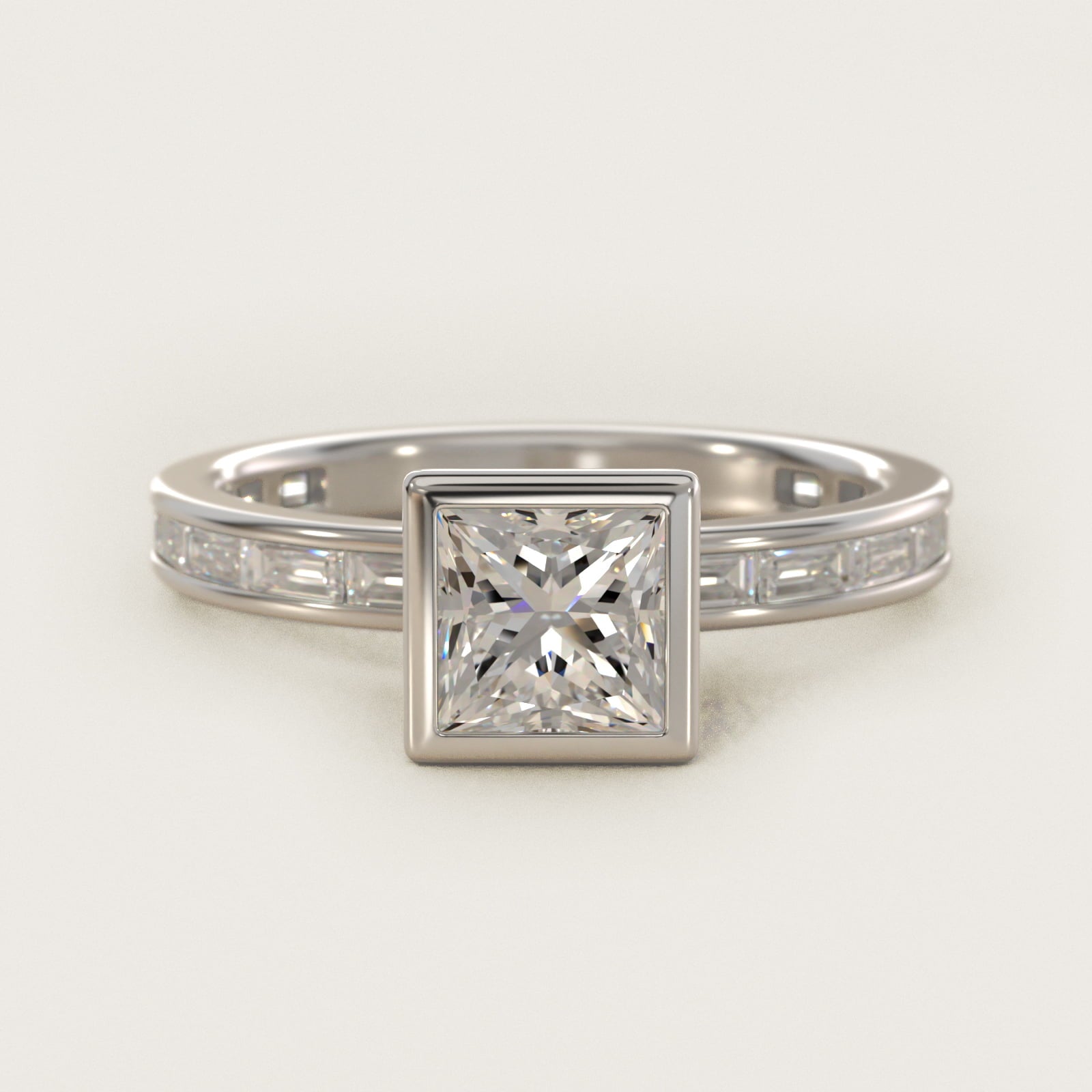 Bezel Engagement Ring with Channel Set Diamond Accent in Platinum - Princess Center