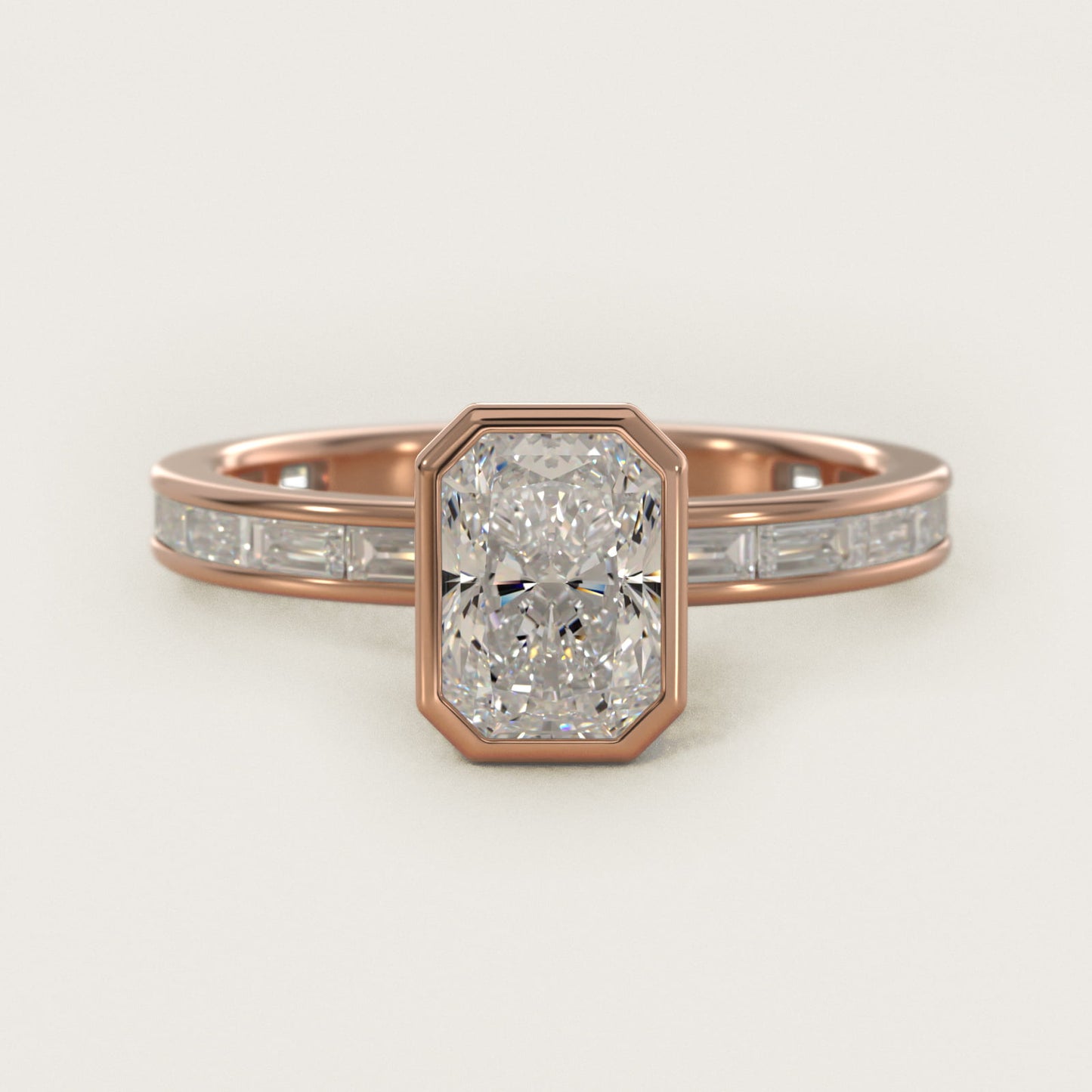 Bezel Engagement Ring with Channel Set Diamond Accent in 14K Rose Gold - Radiant Center