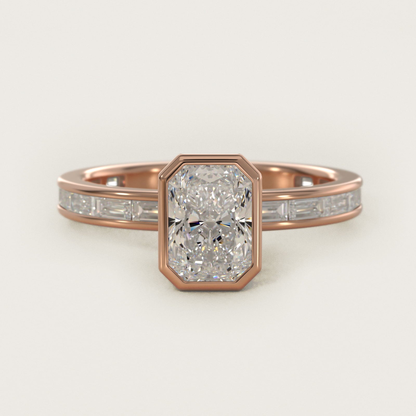 Bezel Engagement Ring with Channel Set Diamond Accent in 18k Rose Gold - Radiant Center