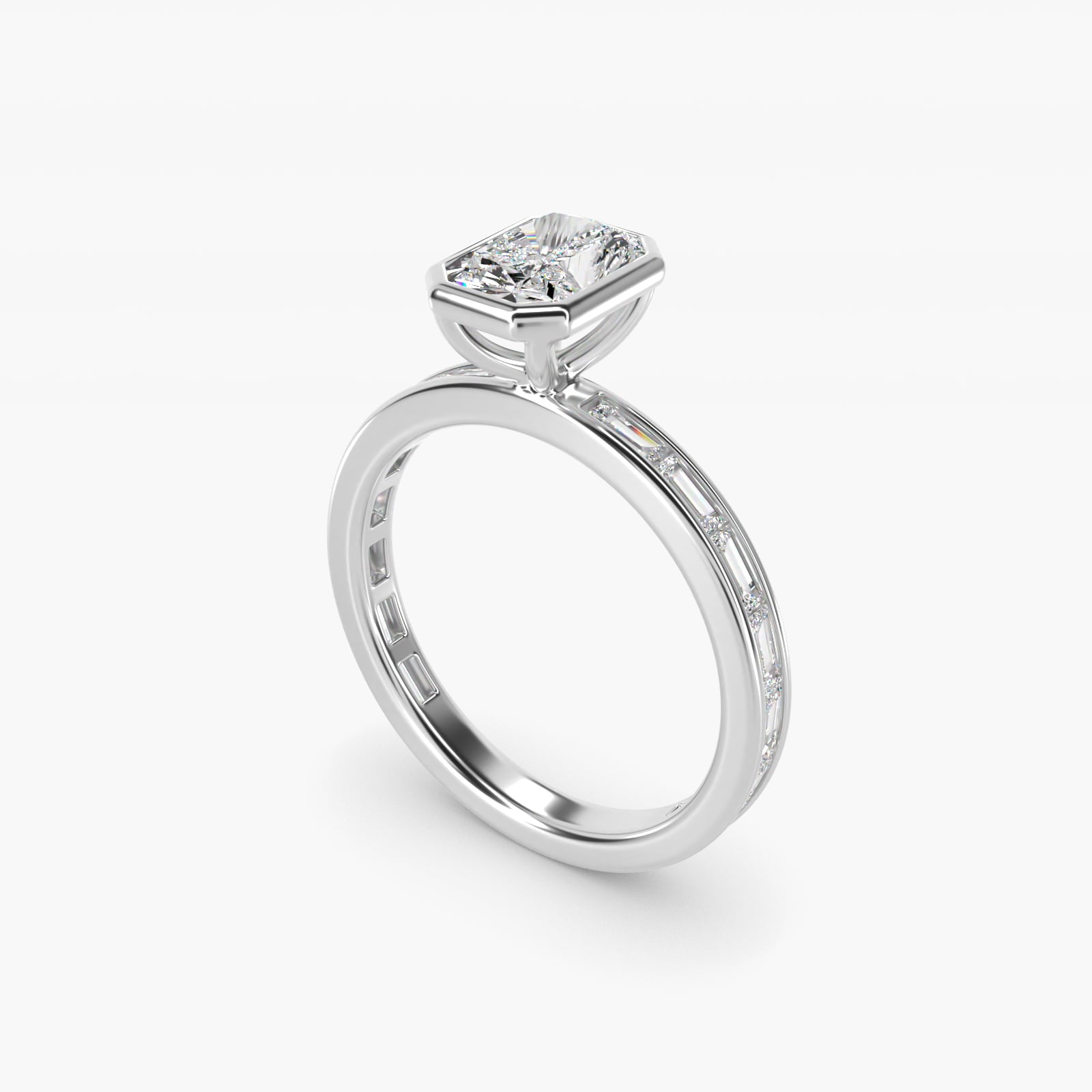 Bezel Engagement Ring with Channel Set Diamond Accent in 14K White Gold - Radiant Center