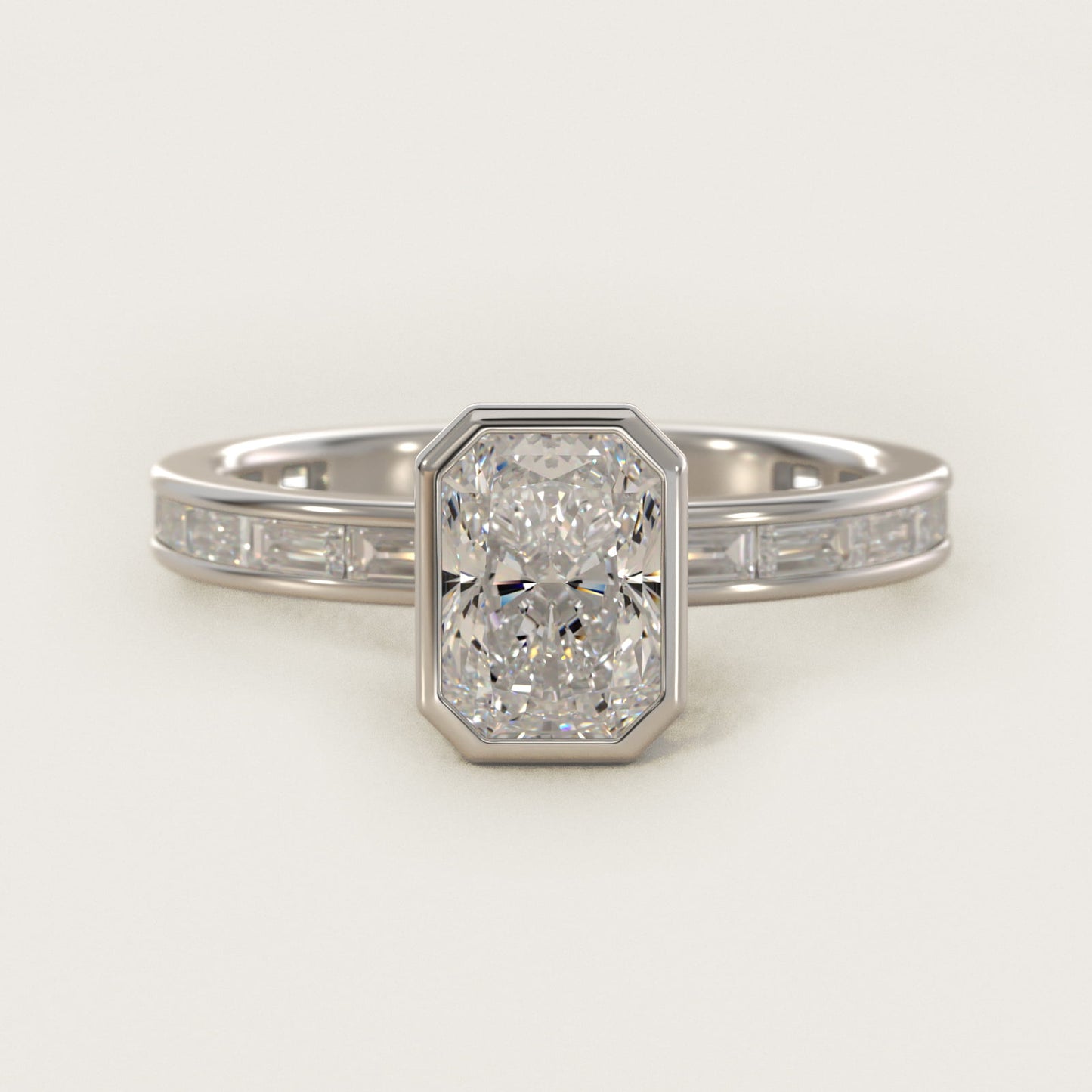Bezel Engagement Ring with Channel Set Diamond Accent in 18k White Gold - Radiant Center