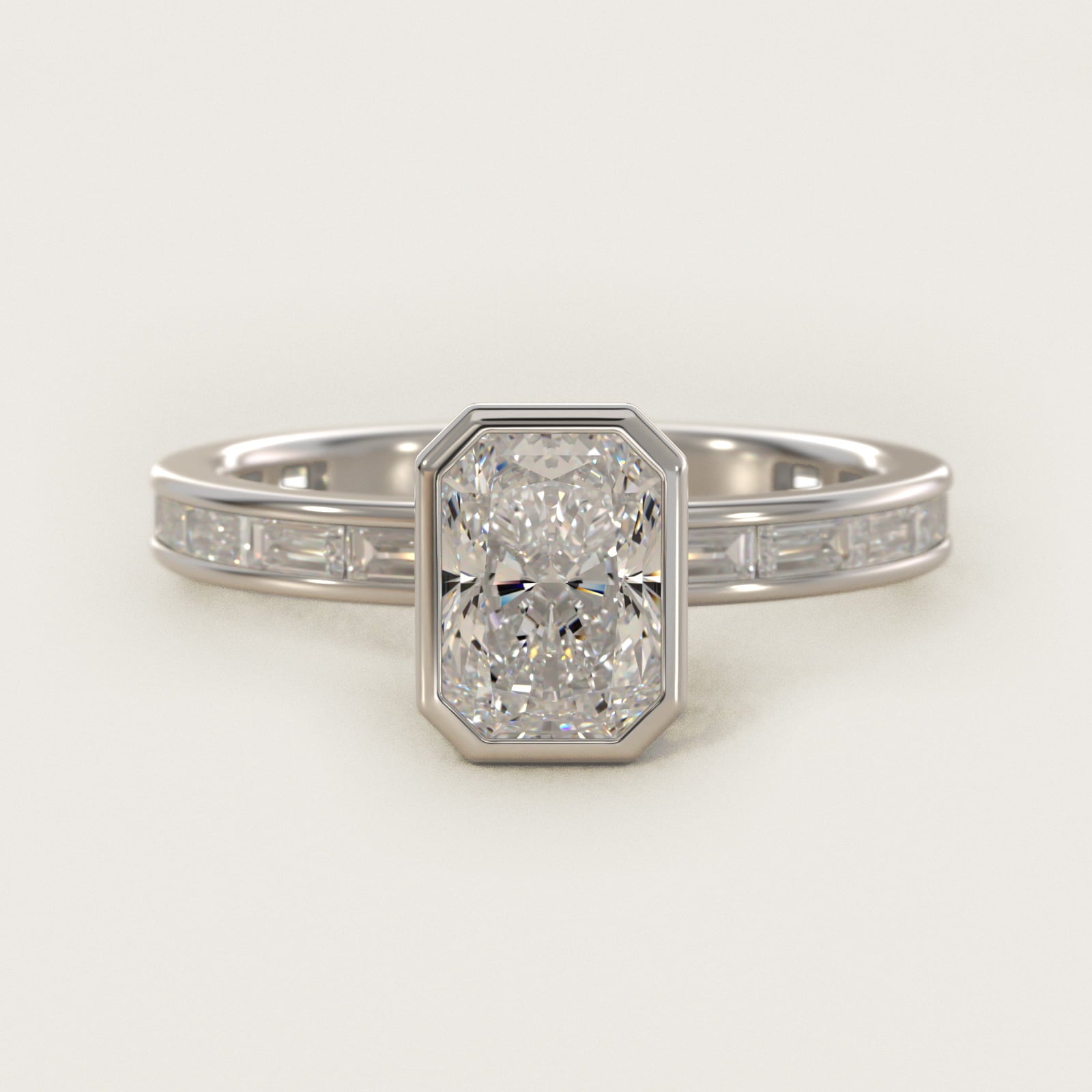 Bezel Engagement Ring with Channel Set Diamond Accent in 18k White Gold - Radiant Center