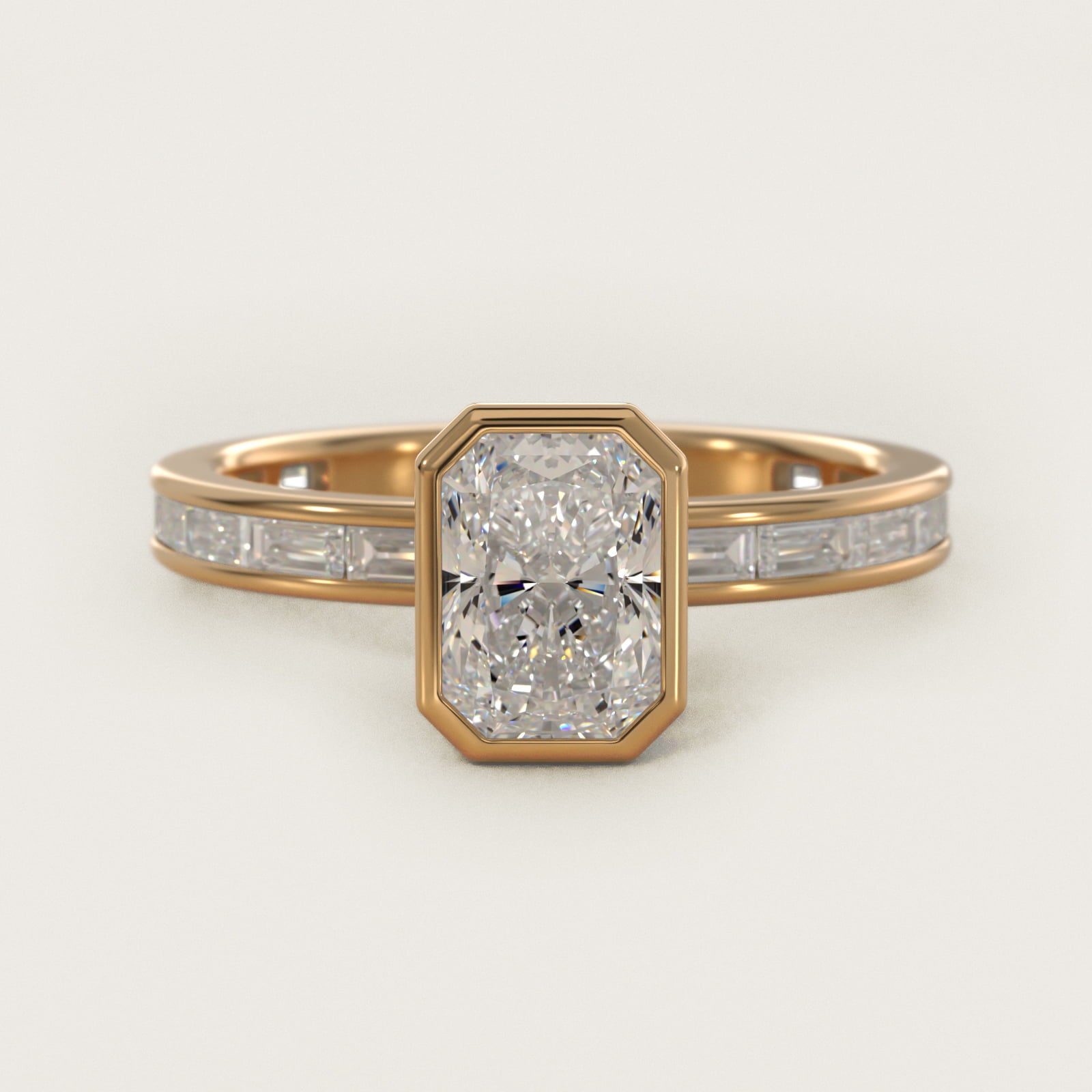 Bezel Engagement Ring with Channel Set Diamond Accent in 14K Yellow Gold - Radiant Center