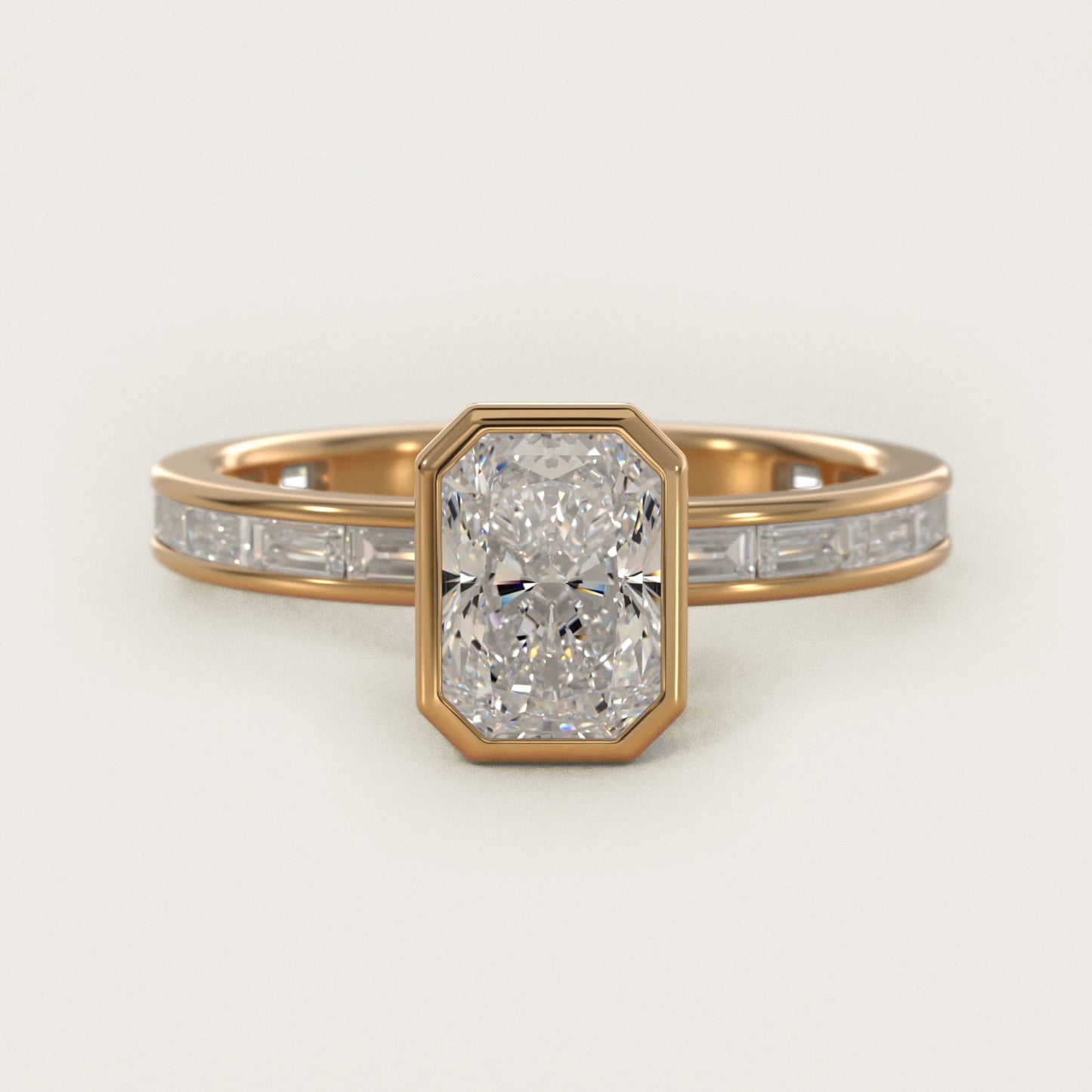 Bezel Engagement Ring with Channel Set Diamond Accent in 18k Yellow Gold - Radiant Center