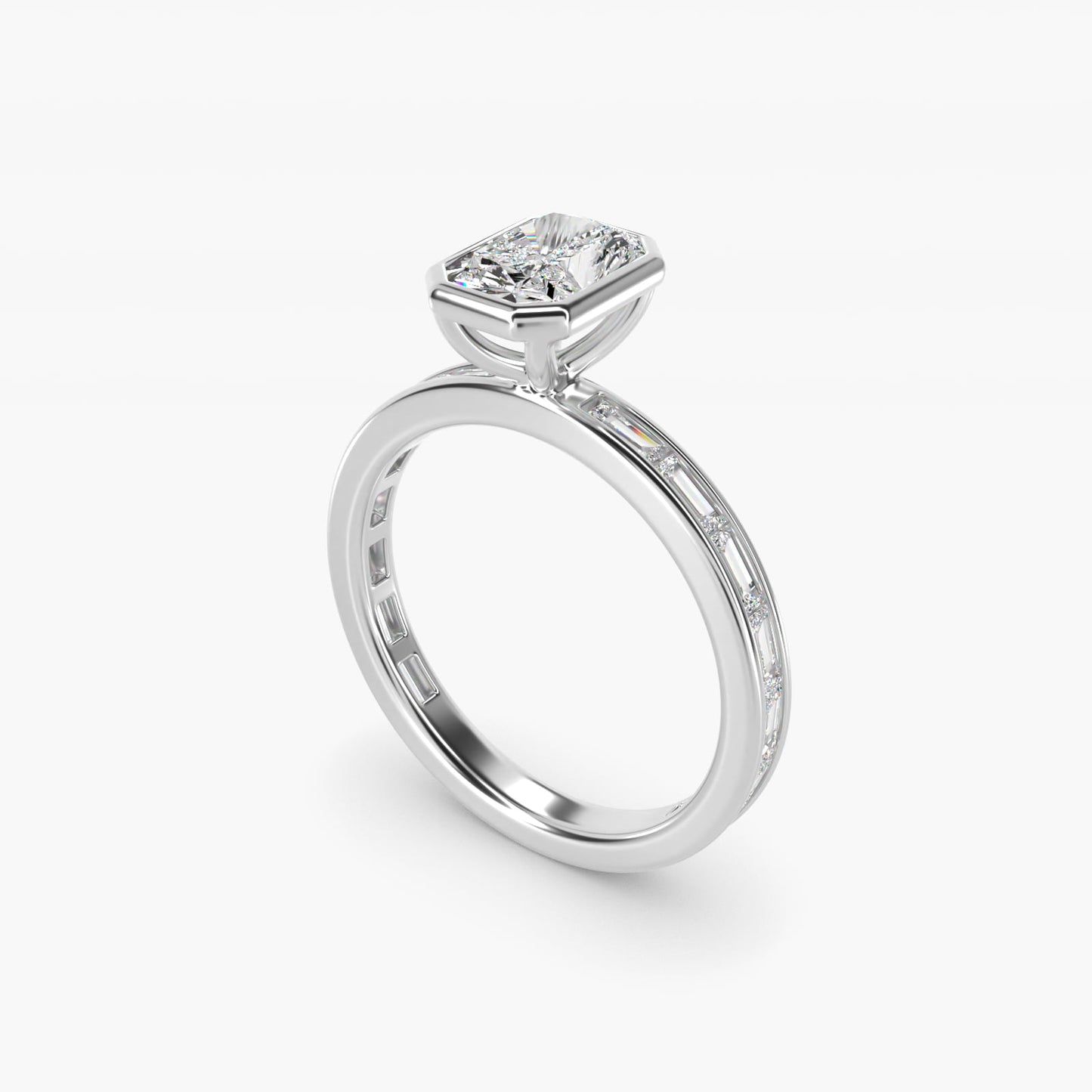 Bezel Engagement Ring with Channel Set Diamond Accent in Platinum - Radiant Center