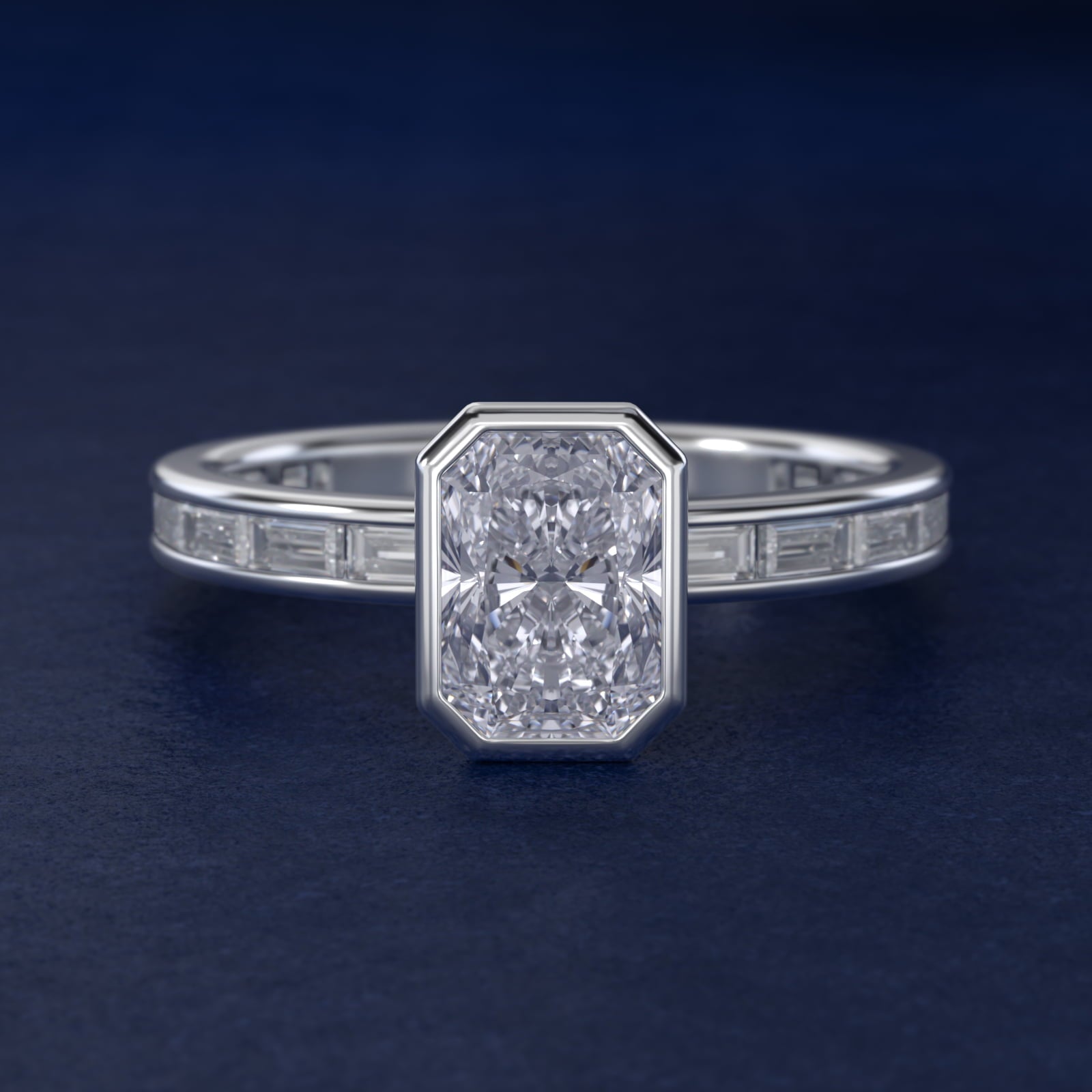 Bezel Engagement Ring with Channel Set Diamond Accent in Platinum - Radiant Center