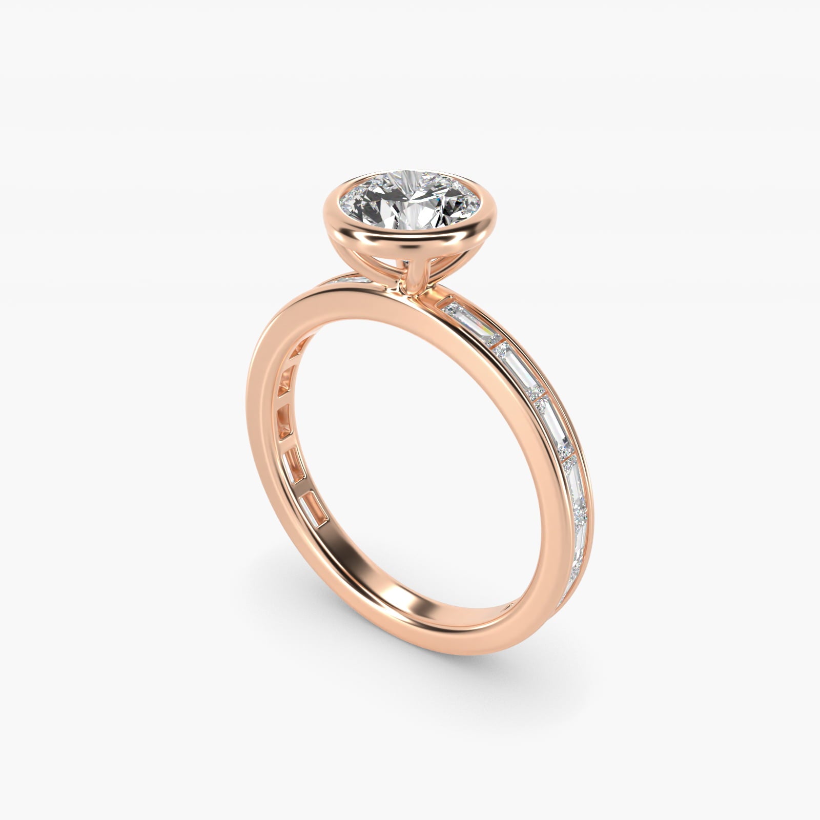 Bezel Engagement Ring with Channel Set Diamond Accent in 14K Rose Gold - Round Center