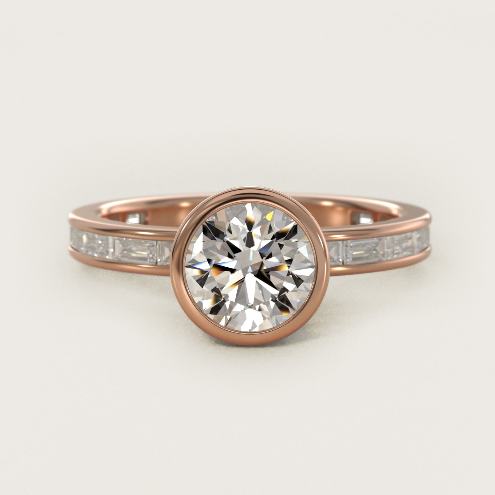 Bezel Engagement Ring with Channel Set Diamond Accent in 14K Rose Gold - Round Center