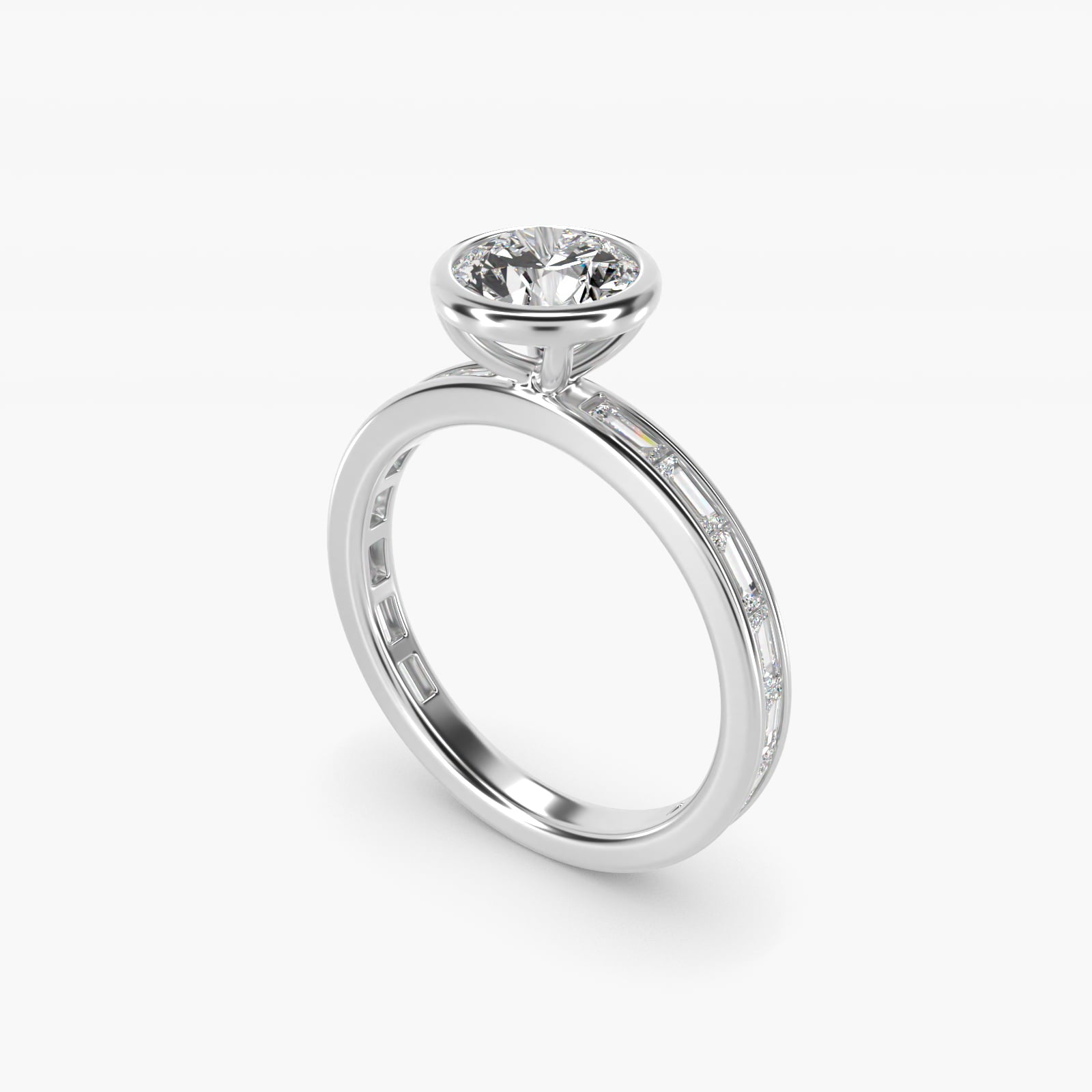 Bezel Engagement Ring with Channel Set Diamond Accent in 14K White Gold - Round Center