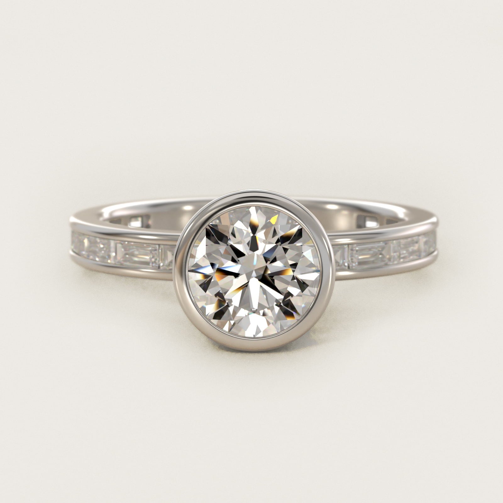 Bezel Engagement Ring with Channel Set Diamond Accent in 14K White Gold - Round Center