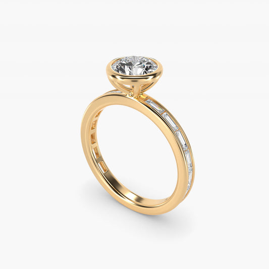 Bezel Engagement Ring with Channel Set Diamond Accent in 18k Yellow Gold - Round Center