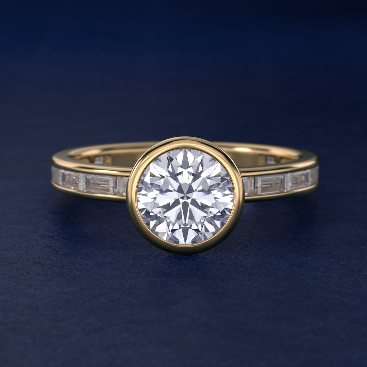 Bezel Engagement Ring with Channel Set Diamond Accent in 18k Yellow Gold - Round Center