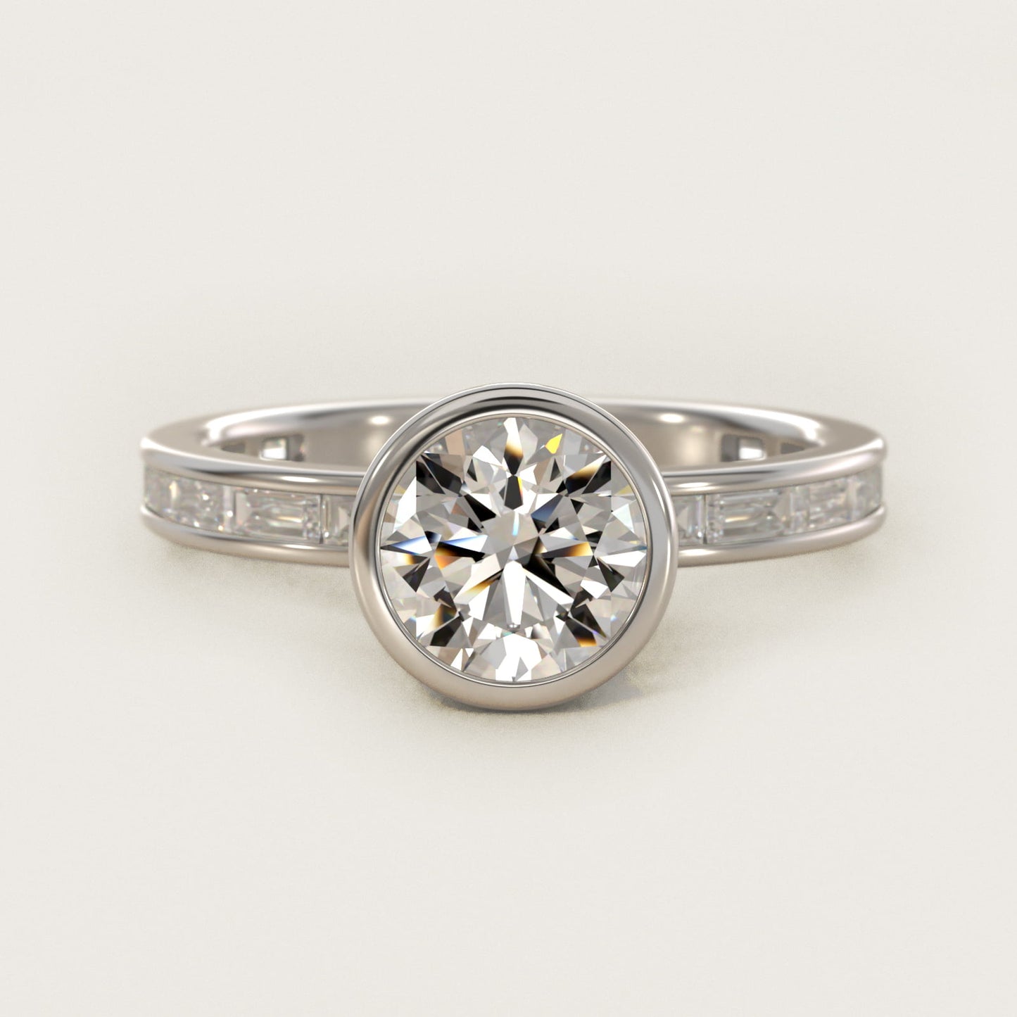 Bezel Engagement Ring with Channel Set Diamond Accent in Platinum - Round Center