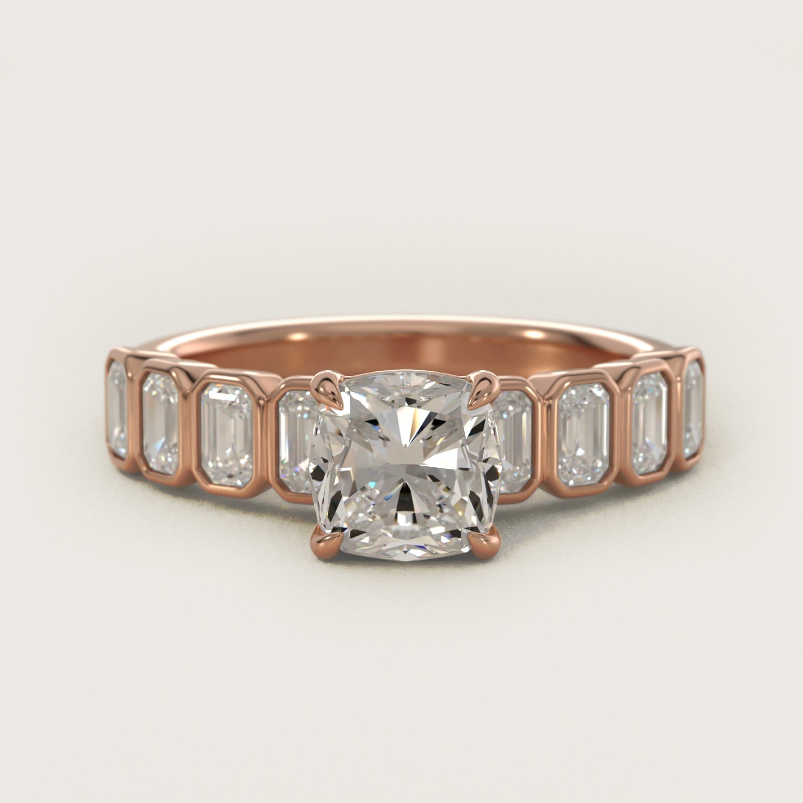 Bezel Set Emerald Cut Side Stone Diamond Engagement Ring In 18k Rose Gold By James Allen - Cushion Center