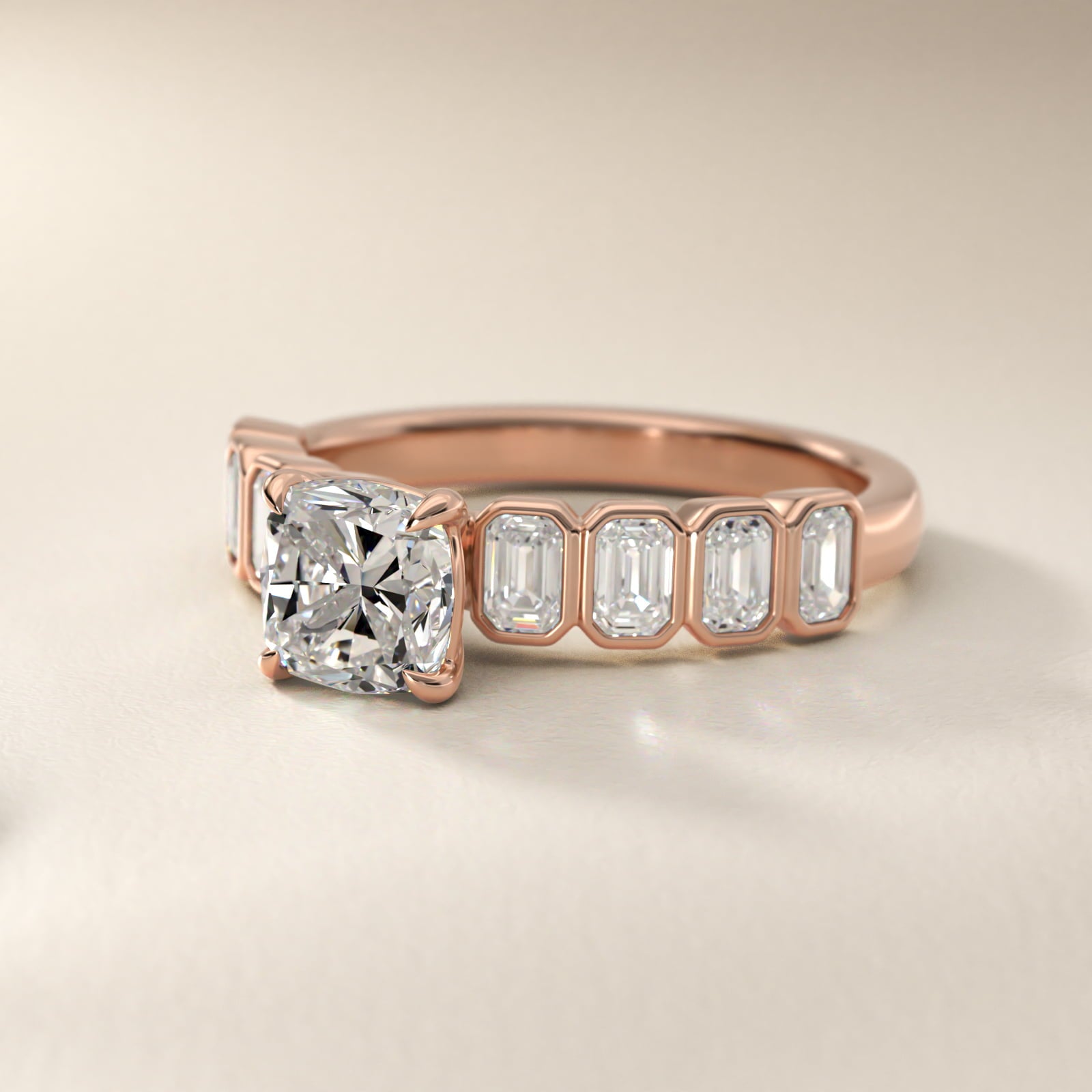 Bezel Set Emerald Cut Side Stone Diamond Engagement Ring In 14K Rose Gold By James Allen - Cushion Center
