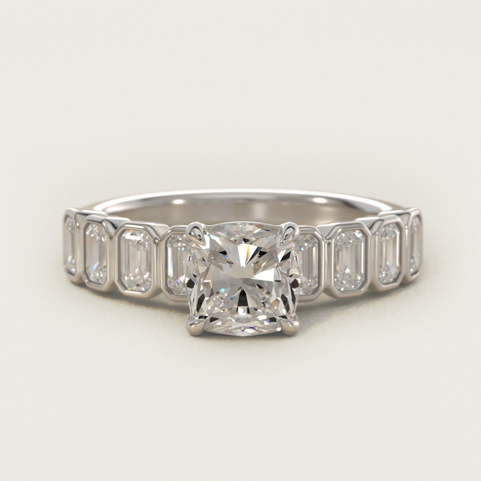 Bezel Set Emerald Cut Side Stone Diamond Engagement Ring In Platinum By James Allen - Cushion Center