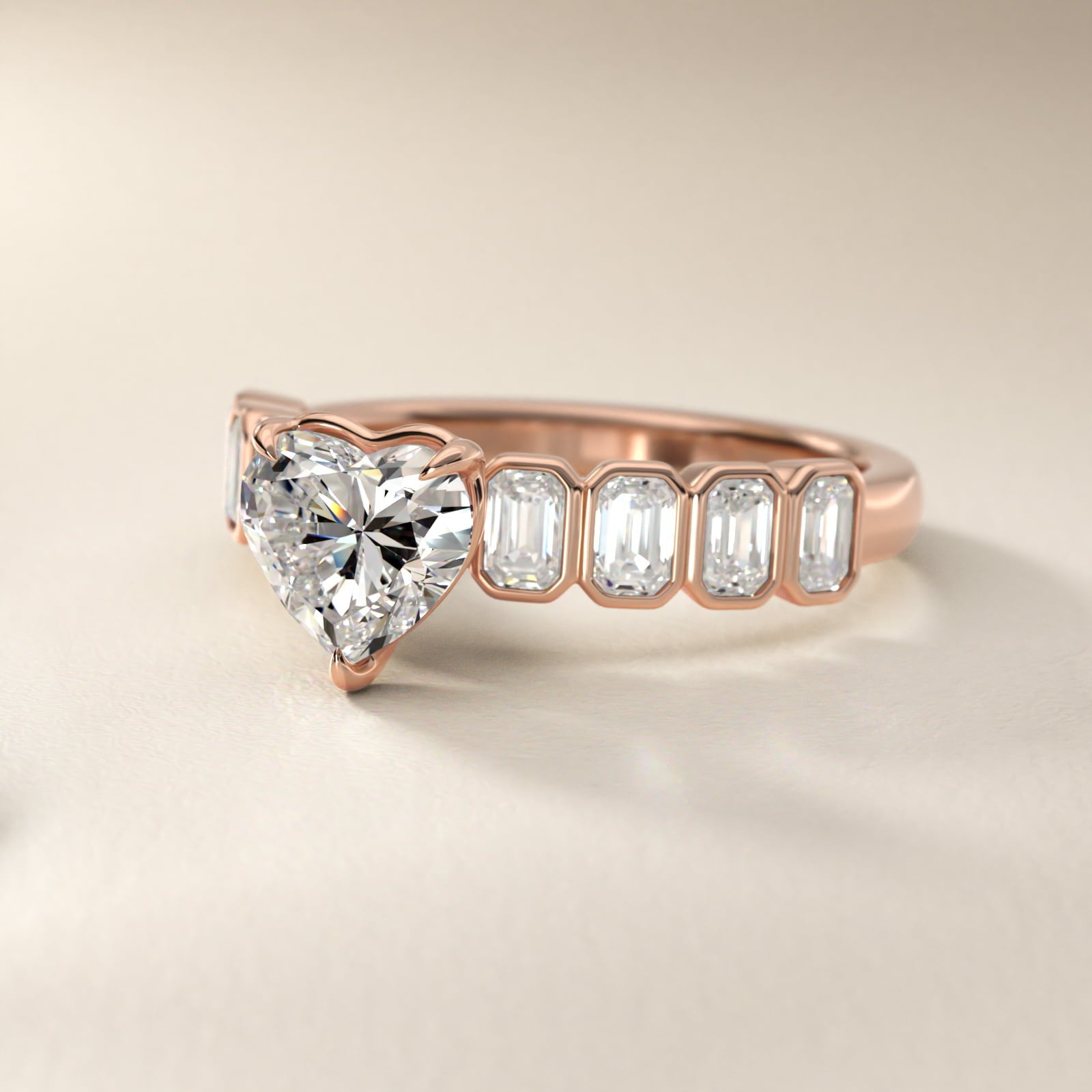 Bezel Set Emerald Cut Side Stone Diamond Engagement Ring In 18k Rose Gold By James Allen - Heart Center