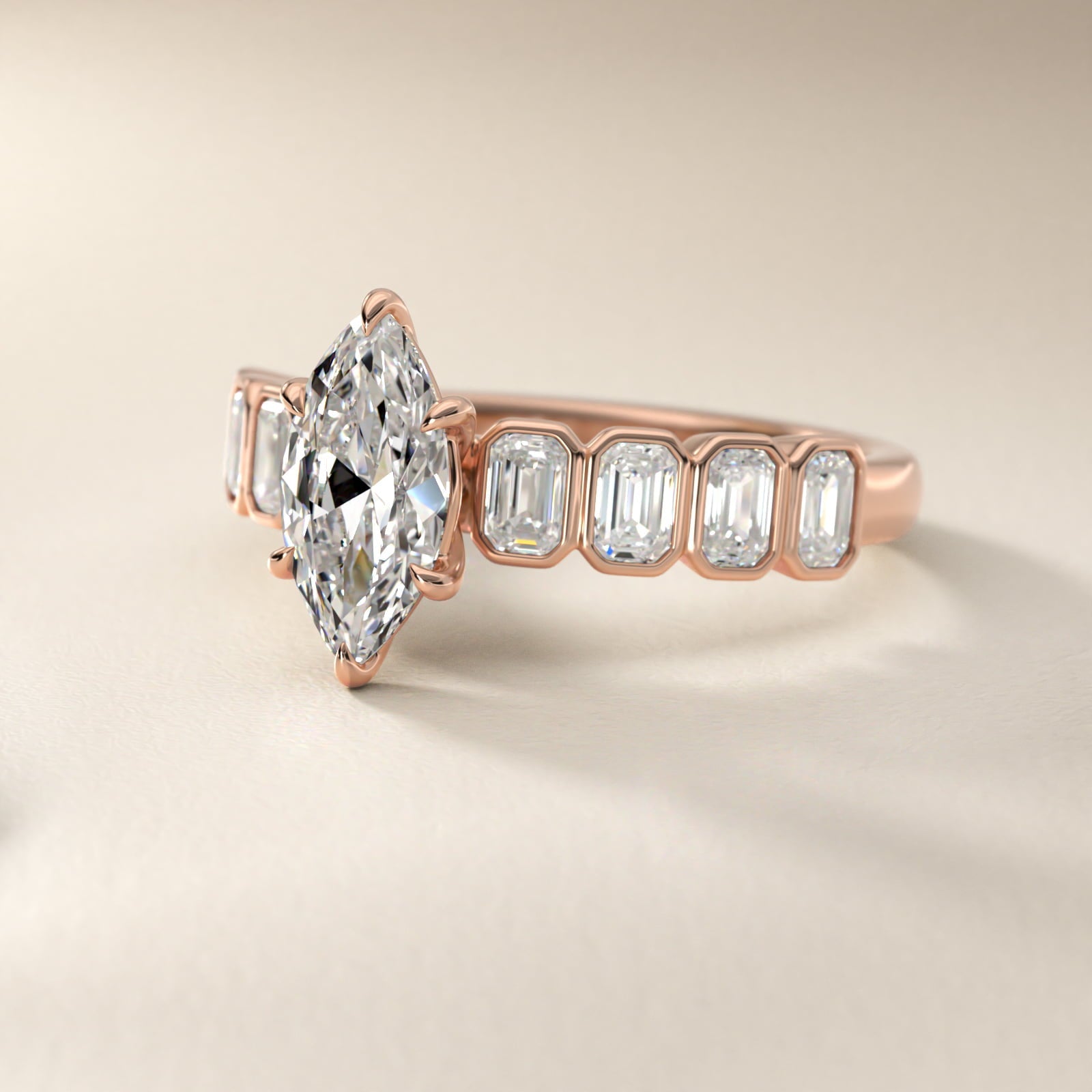 Bezel Set Emerald Cut Side Stone Diamond Engagement Ring In 18k Rose Gold By James Allen - Marquise Center