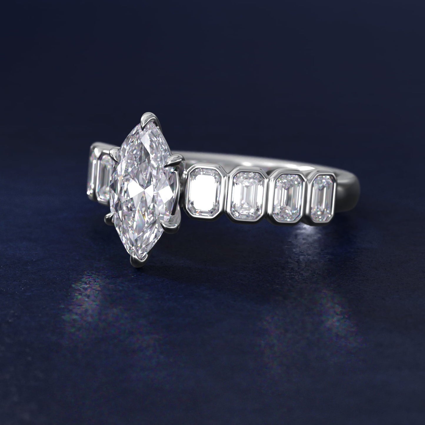 Bezel Set Emerald Cut Side Stone Diamond Engagement Ring In Platinum By James Allen - Marquise Center
