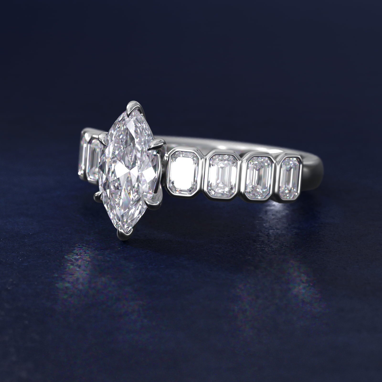 Bezel Set Emerald Cut Side Stone Diamond Engagement Ring In Platinum By James Allen - Marquise Center