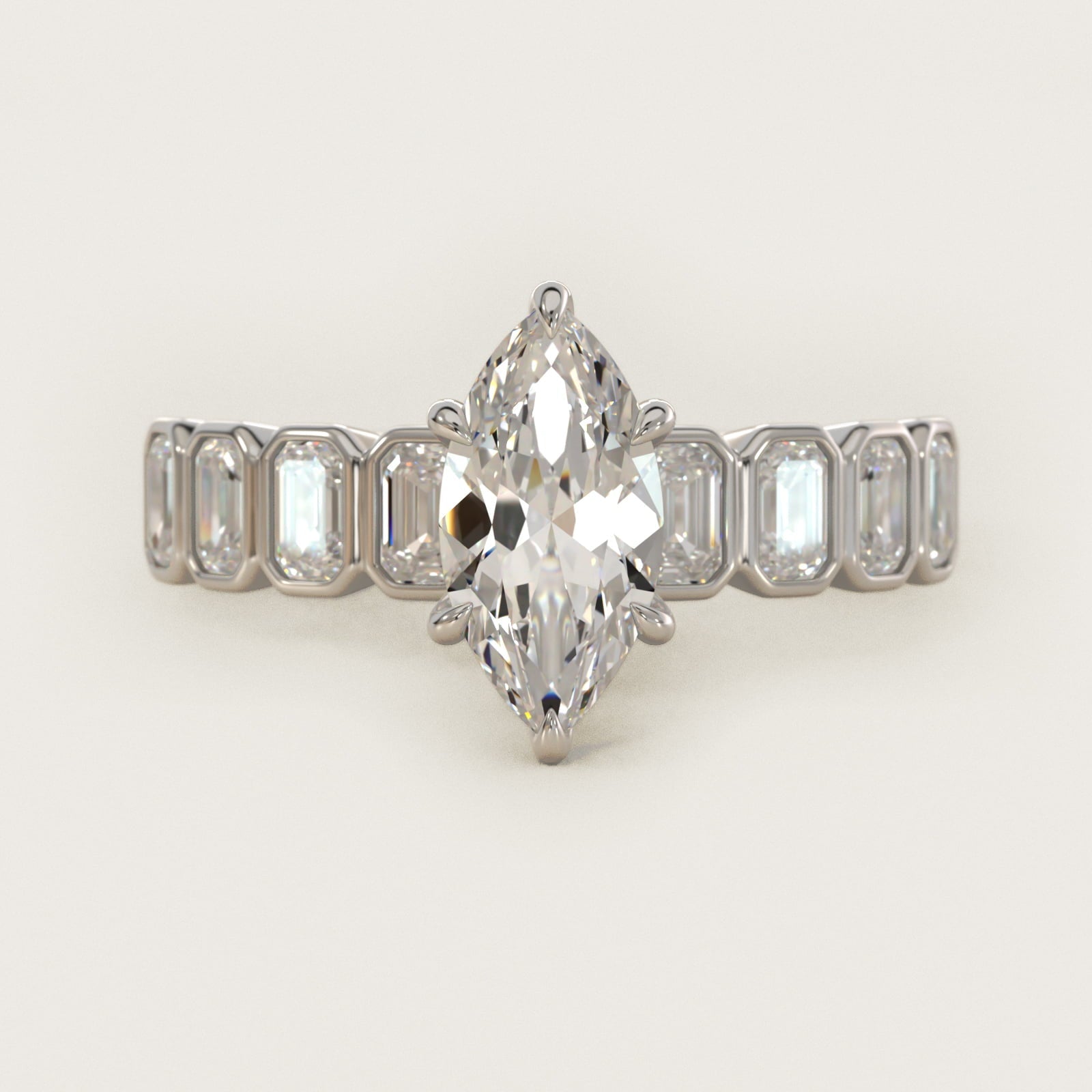 Bezel Set Emerald Cut Side Stone Diamond Engagement Ring In Platinum By James Allen - Marquise Center