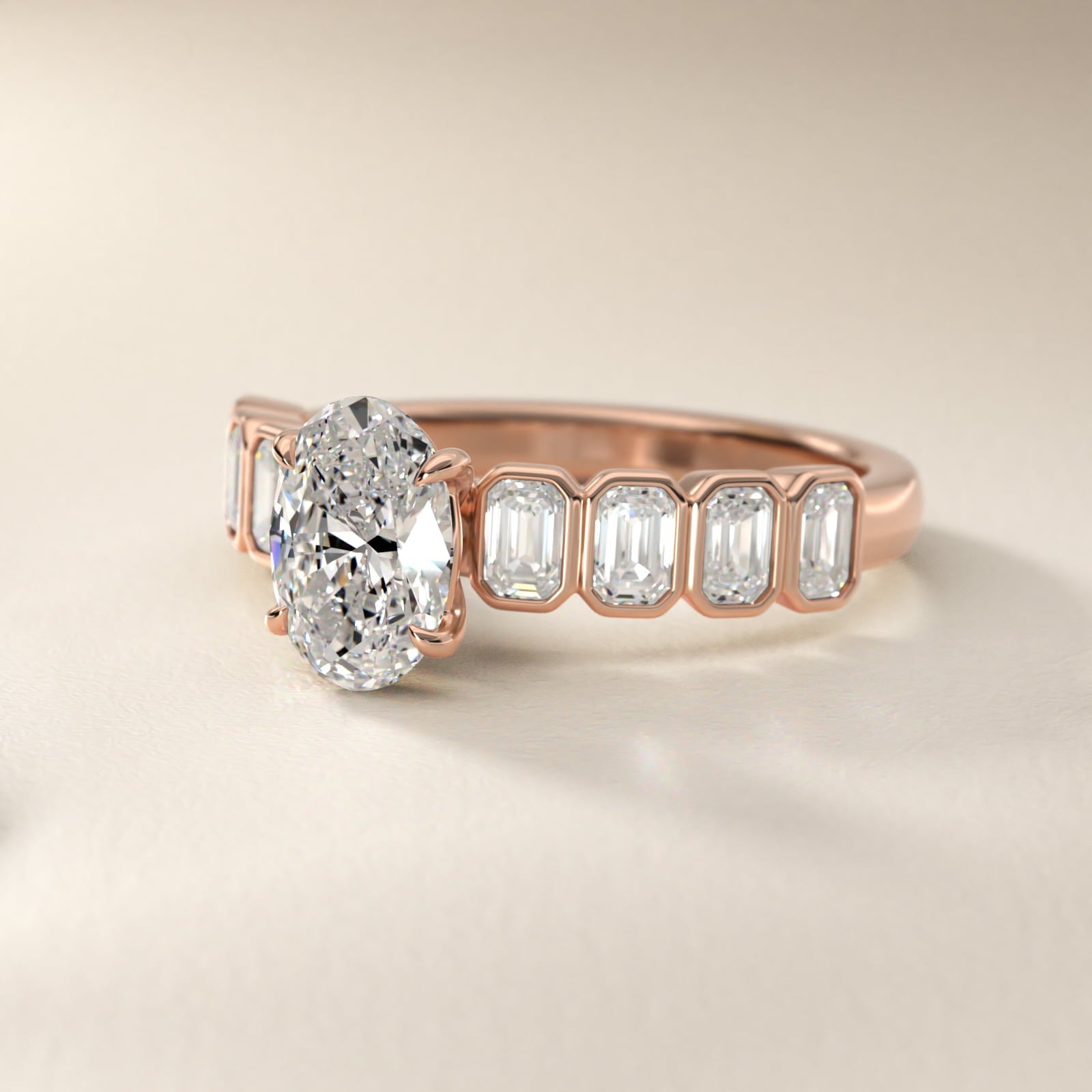 Bezel Set Emerald Cut Side Stone Diamond Engagement Ring In 18k Rose Gold By James Allen - Oval Center