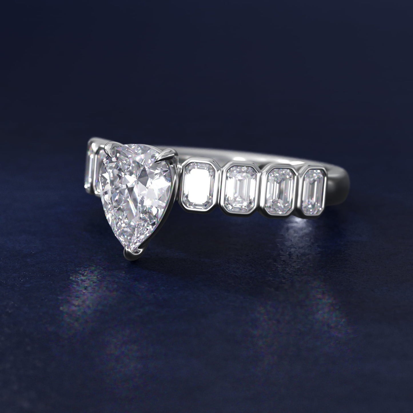 Bezel Set Emerald Cut Side Stone Diamond Engagement Ring In Platinum By James Allen - Pear Center