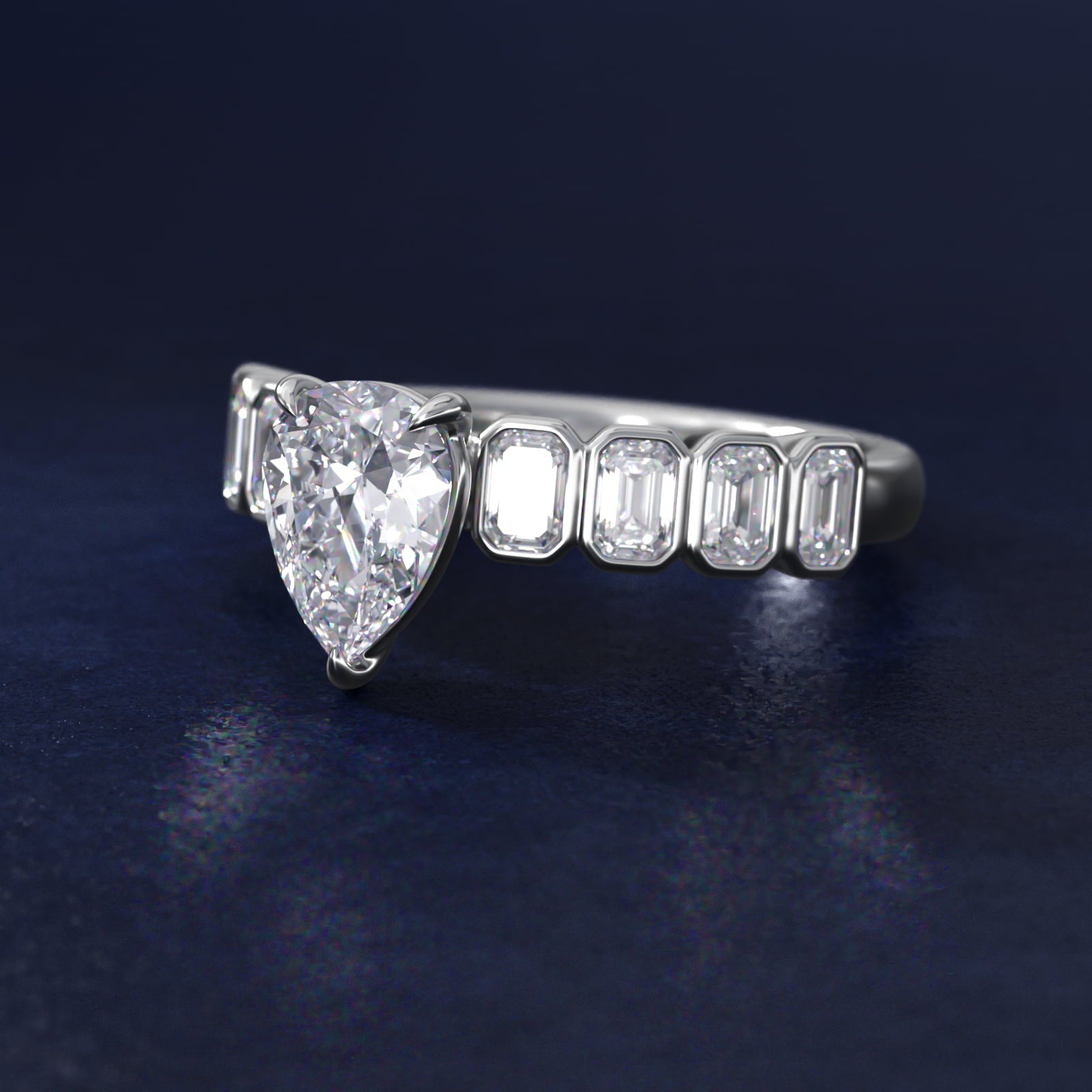 Bezel Set Emerald Cut Side Stone Diamond Engagement Ring In Platinum By James Allen - Pear Center