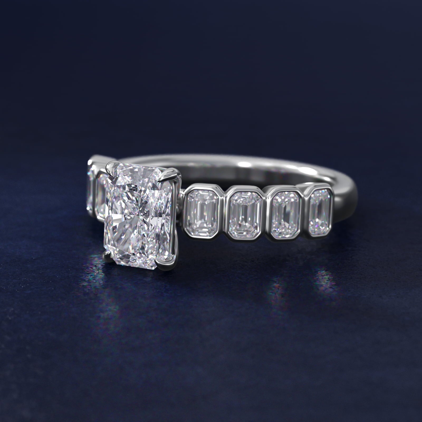 Bezel Set Emerald Cut Side Stone Diamond Engagement Ring In Platinum By James Allen - Radiant Center