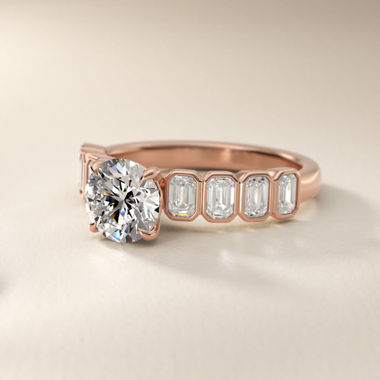 Bezel Set Emerald Cut Side Stone Diamond Engagement Ring In 14K Rose Gold By James Allen - Round Center