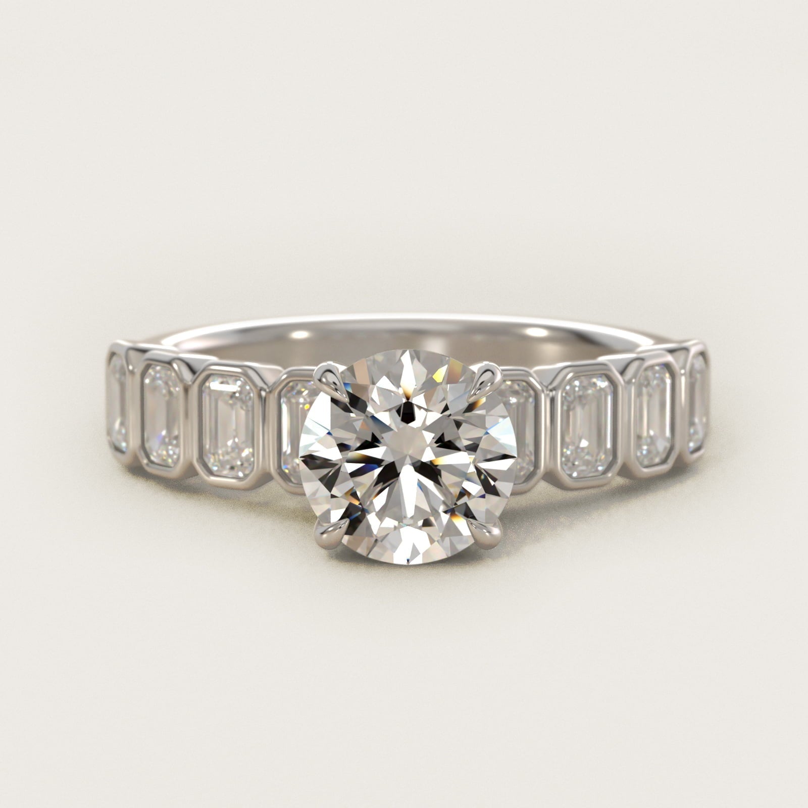 Bezel Set Emerald Cut Side Stone Diamond Engagement Ring In 18k White Gold By James Allen - Round Center