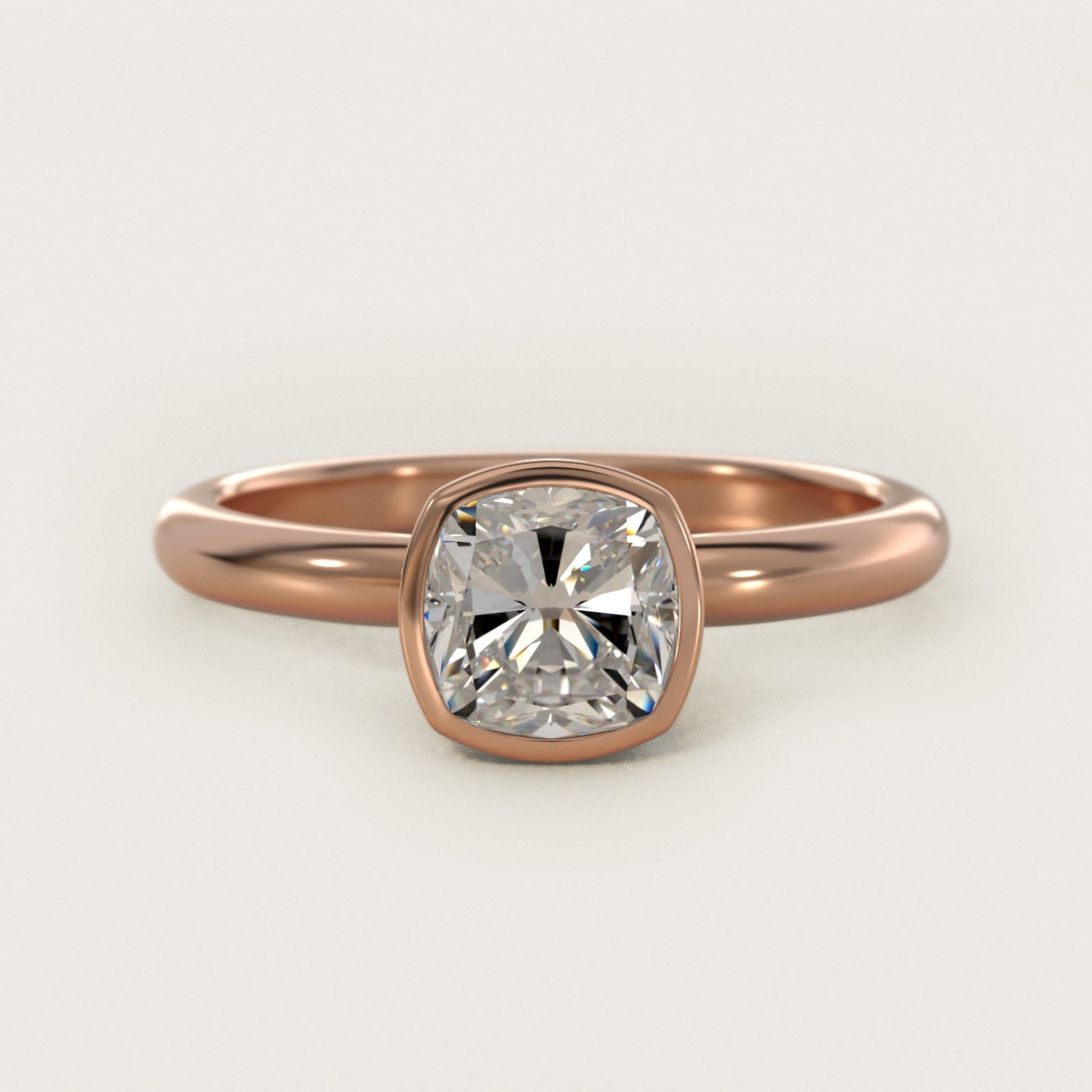 Bezel Solitaire Engagement Ring in 18k Rose Gold - Cushion Center