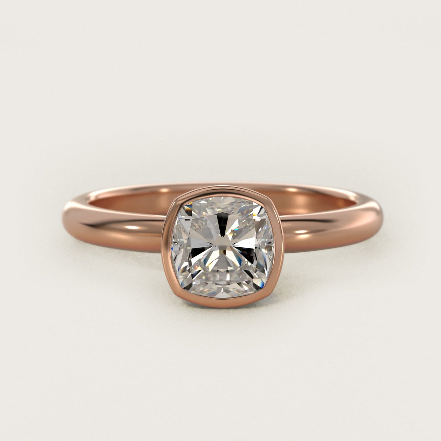 Bezel Solitaire Engagement Ring in 14K Rose Gold - Cushion Center