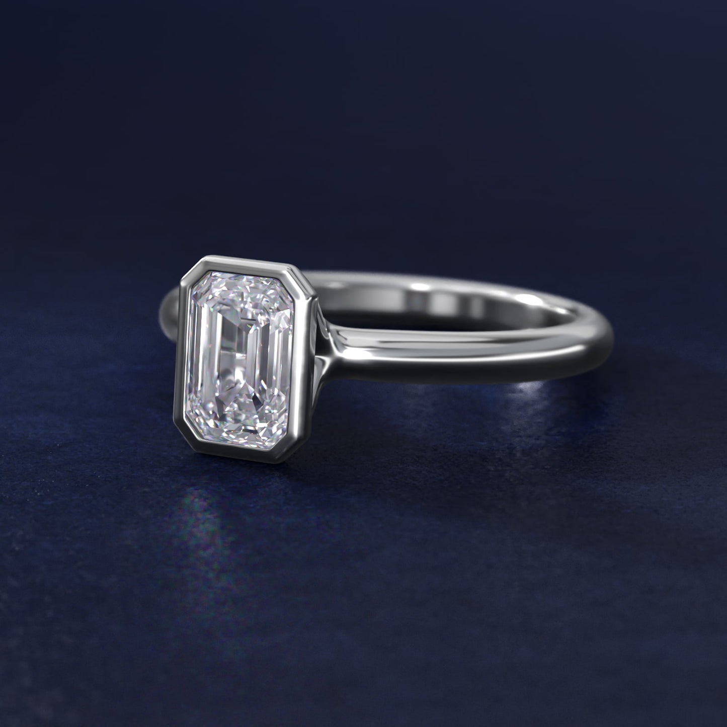 Bezel Solitaire Engagement Ring in 18k White Gold - Emerald Center