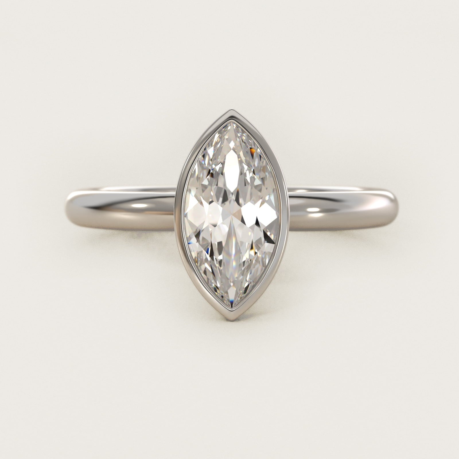 Bezel Solitaire Engagement Ring in 14K White Gold - Marquise Center