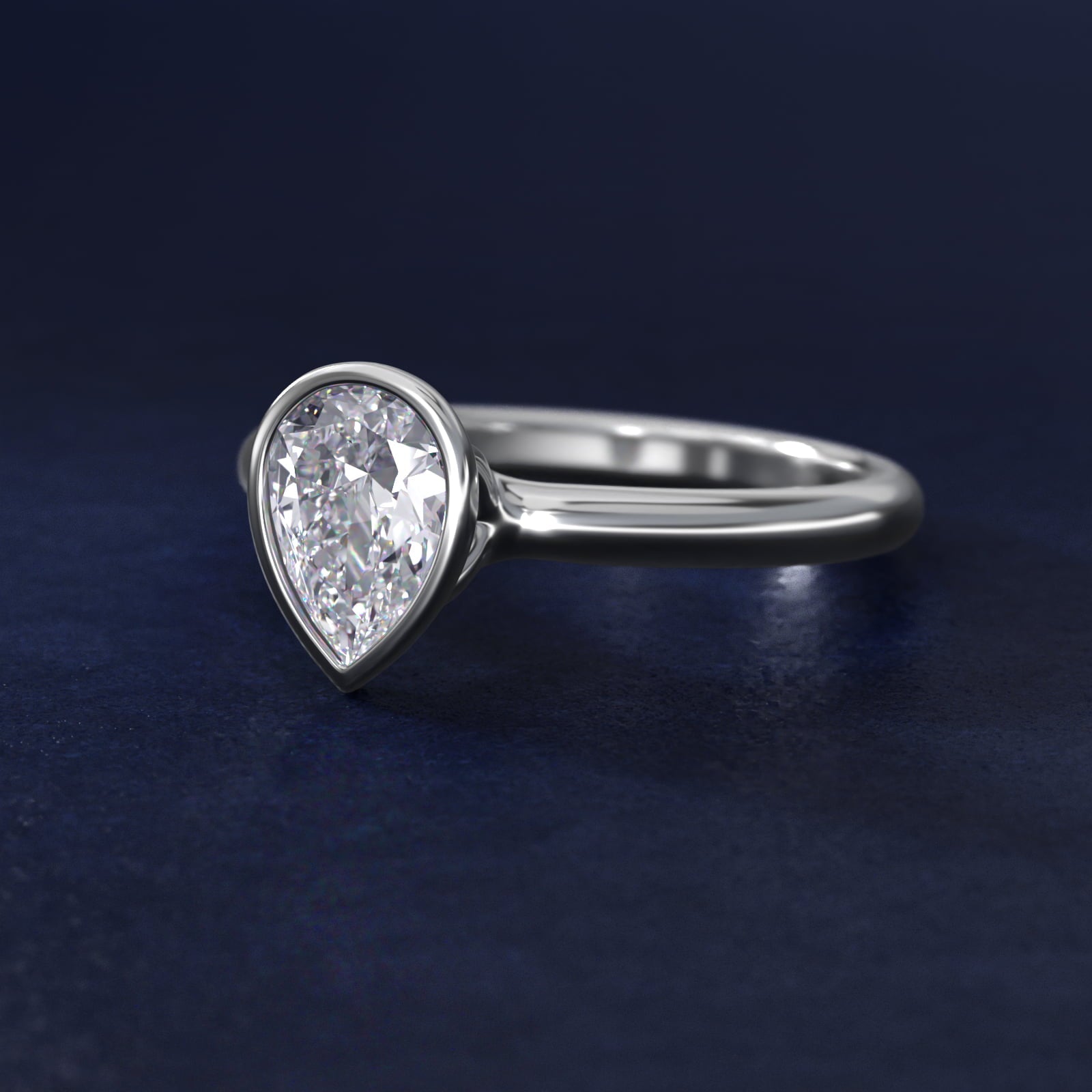 Bezel Solitaire Engagement Ring in 18k White Gold - Pear Center