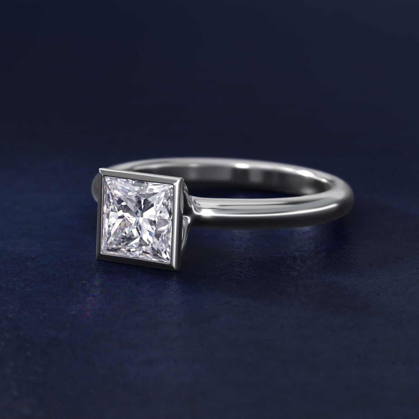 Bezel Solitaire Engagement Ring in 18k White Gold - Princess Center