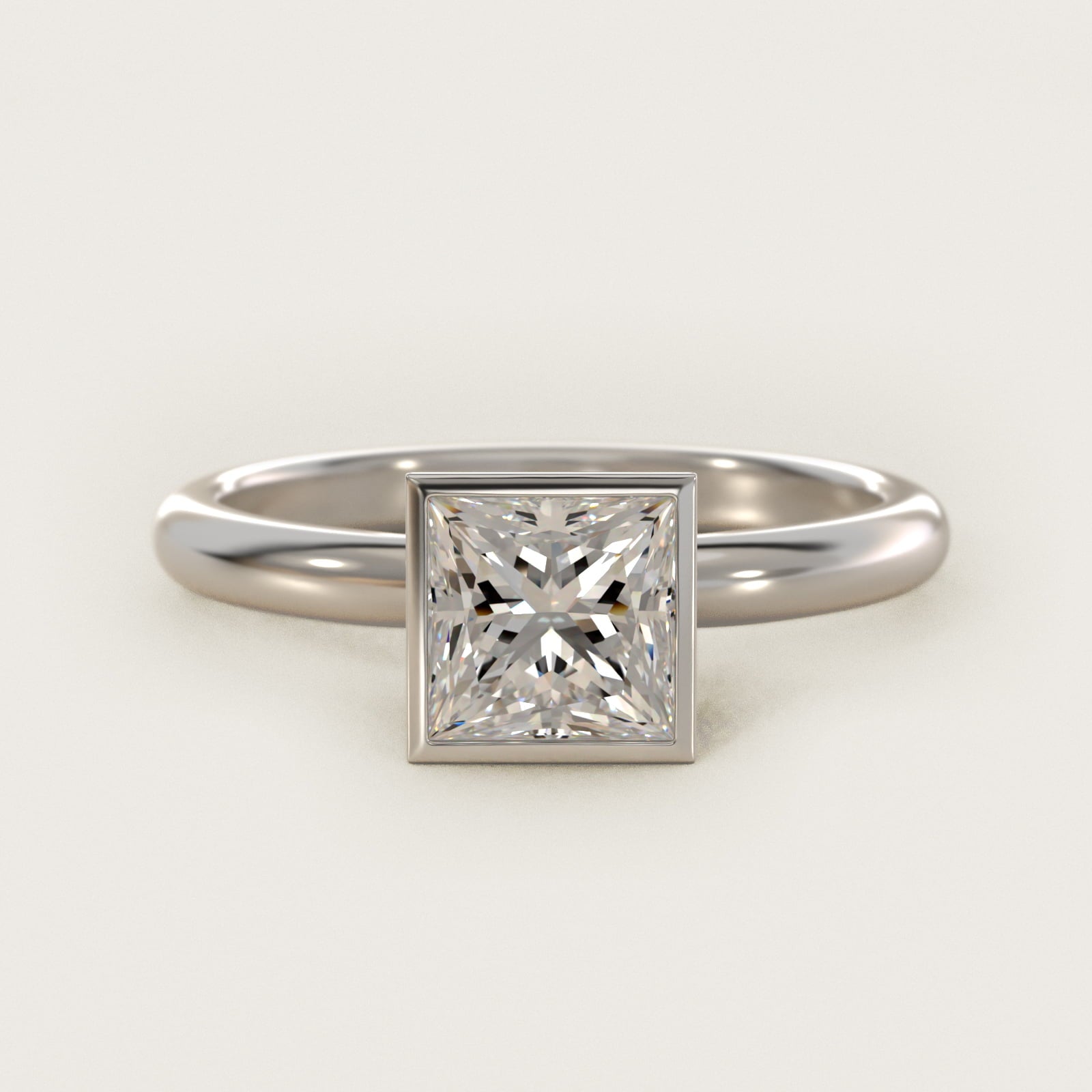 Bezel Solitaire Engagement Ring in 14K White Gold - Princess Center