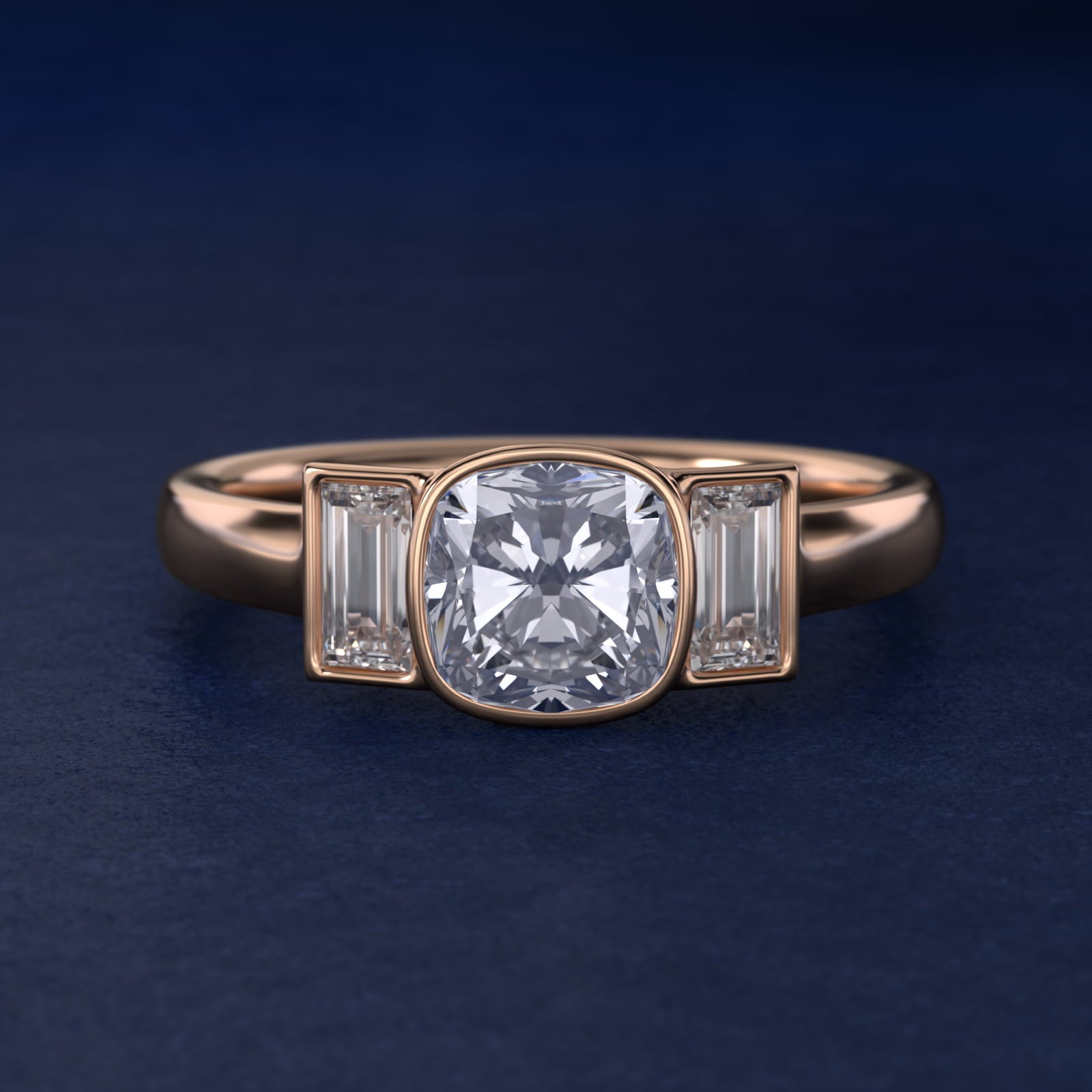 Bezel Straight Baguette Cut Diamond Three Stone Engagement Ring In 18k Rose Gold By James Allen - Cushion Center
