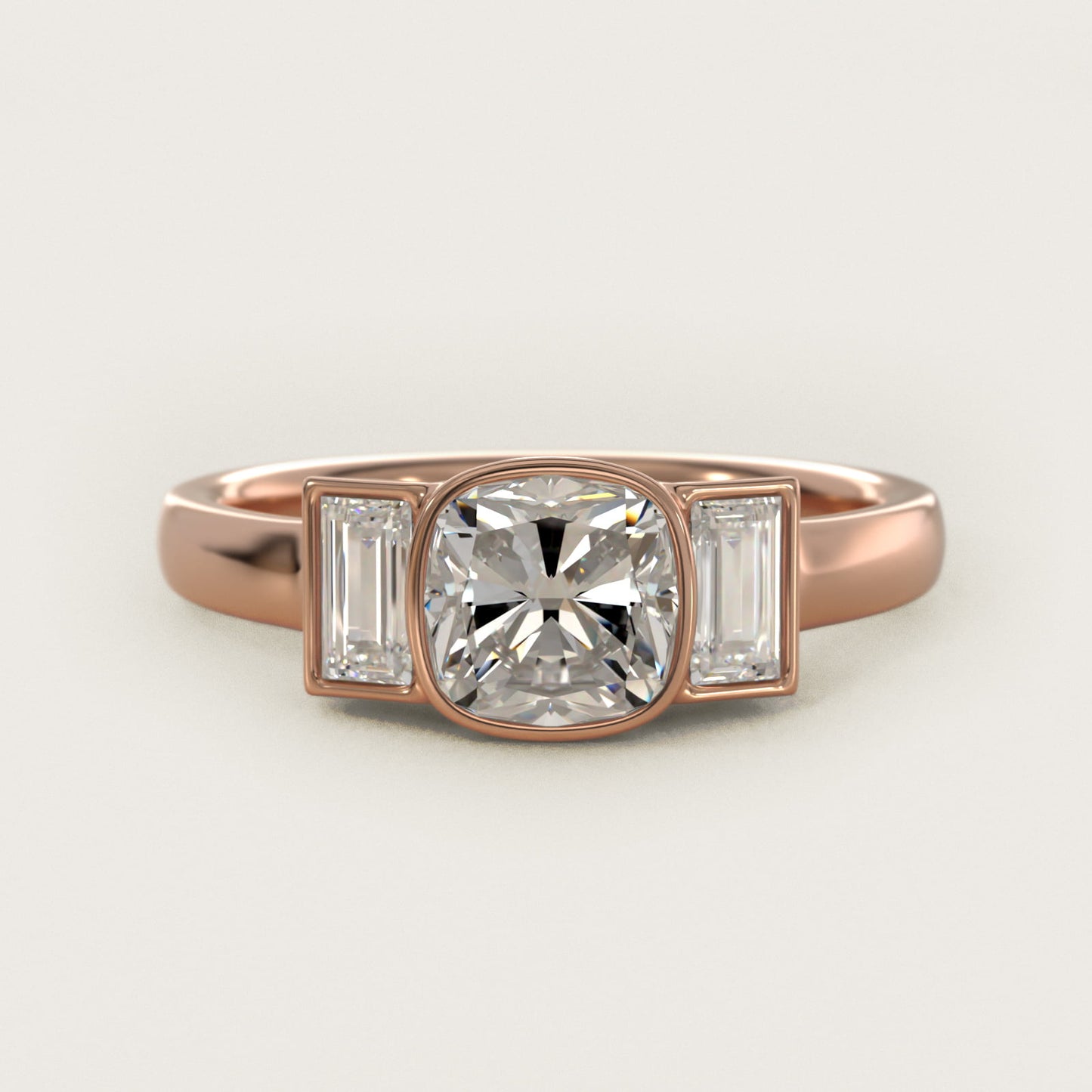 Bezel Straight Baguette Cut Diamond Three Stone Engagement Ring In 18k Rose Gold By James Allen - Cushion Center