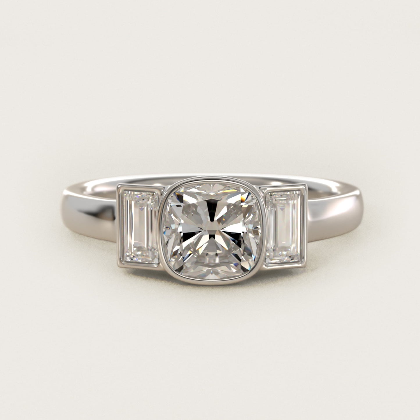 Bezel Straight Baguette Cut Diamond Three Stone Engagement Ring In 14K White Gold By James Allen - Cushion Center