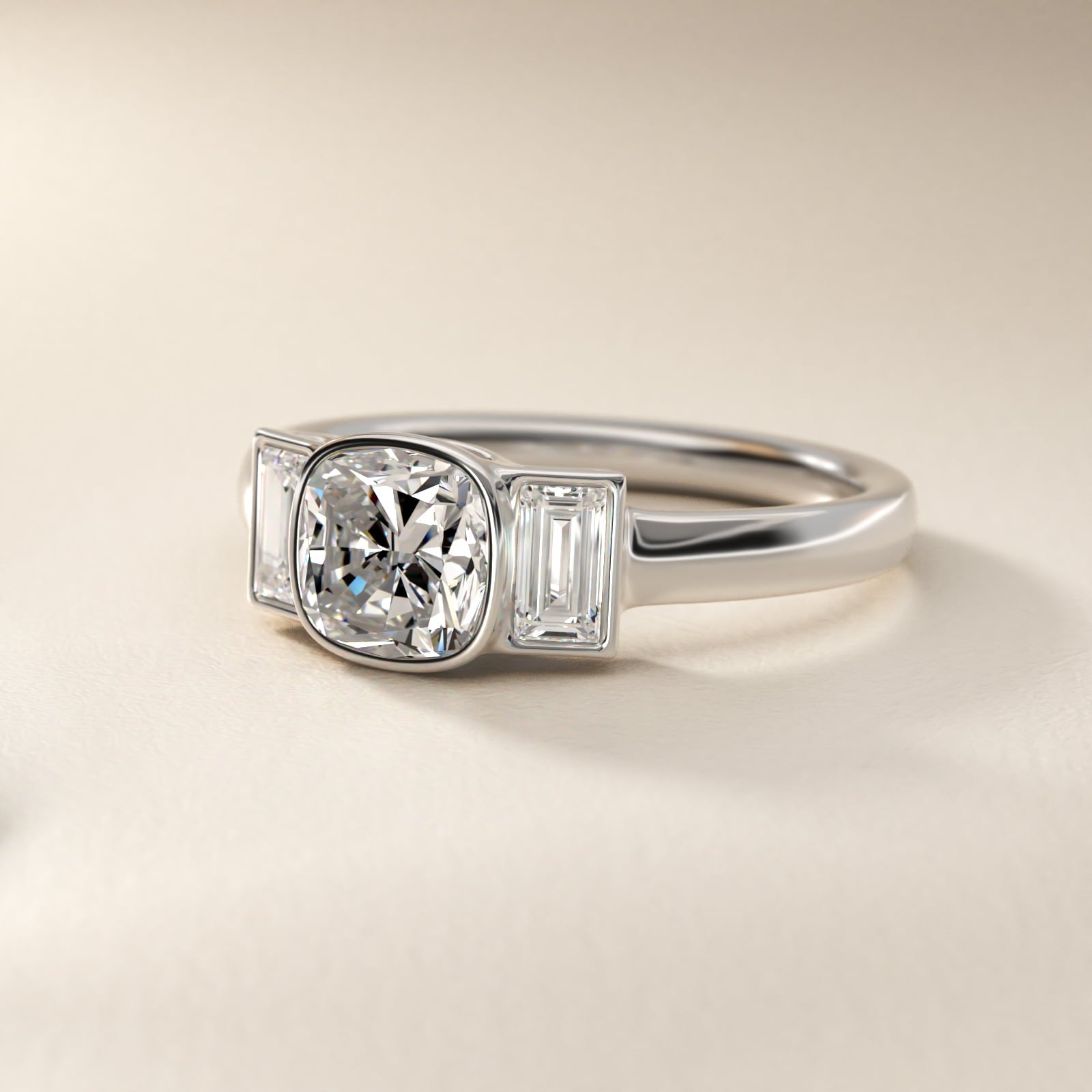 Bezel Straight Baguette Cut Diamond Three Stone Engagement Ring In 18k White Gold By James Allen - Cushion Center