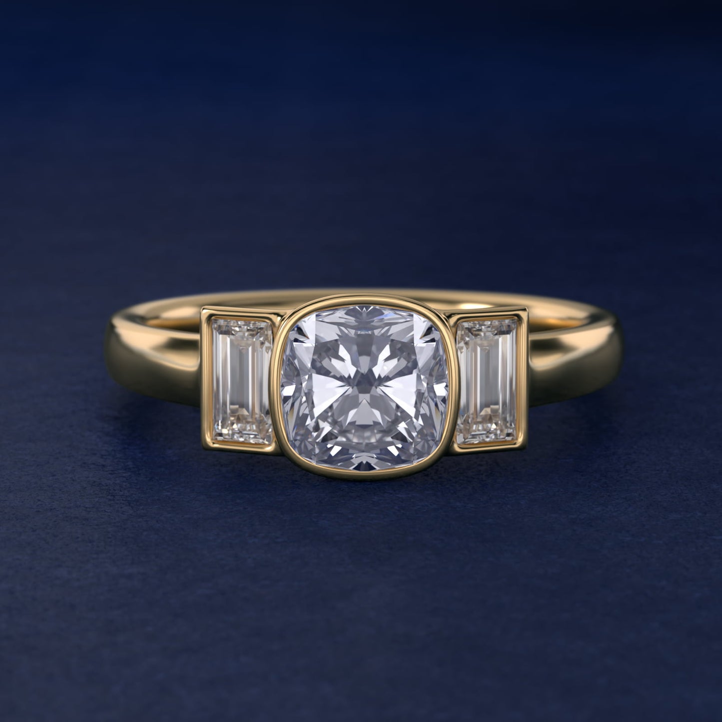 Bezel Straight Baguette Cut Diamond Three Stone Engagement Ring In 14K Yellow Gold By James Allen - Cushion Center