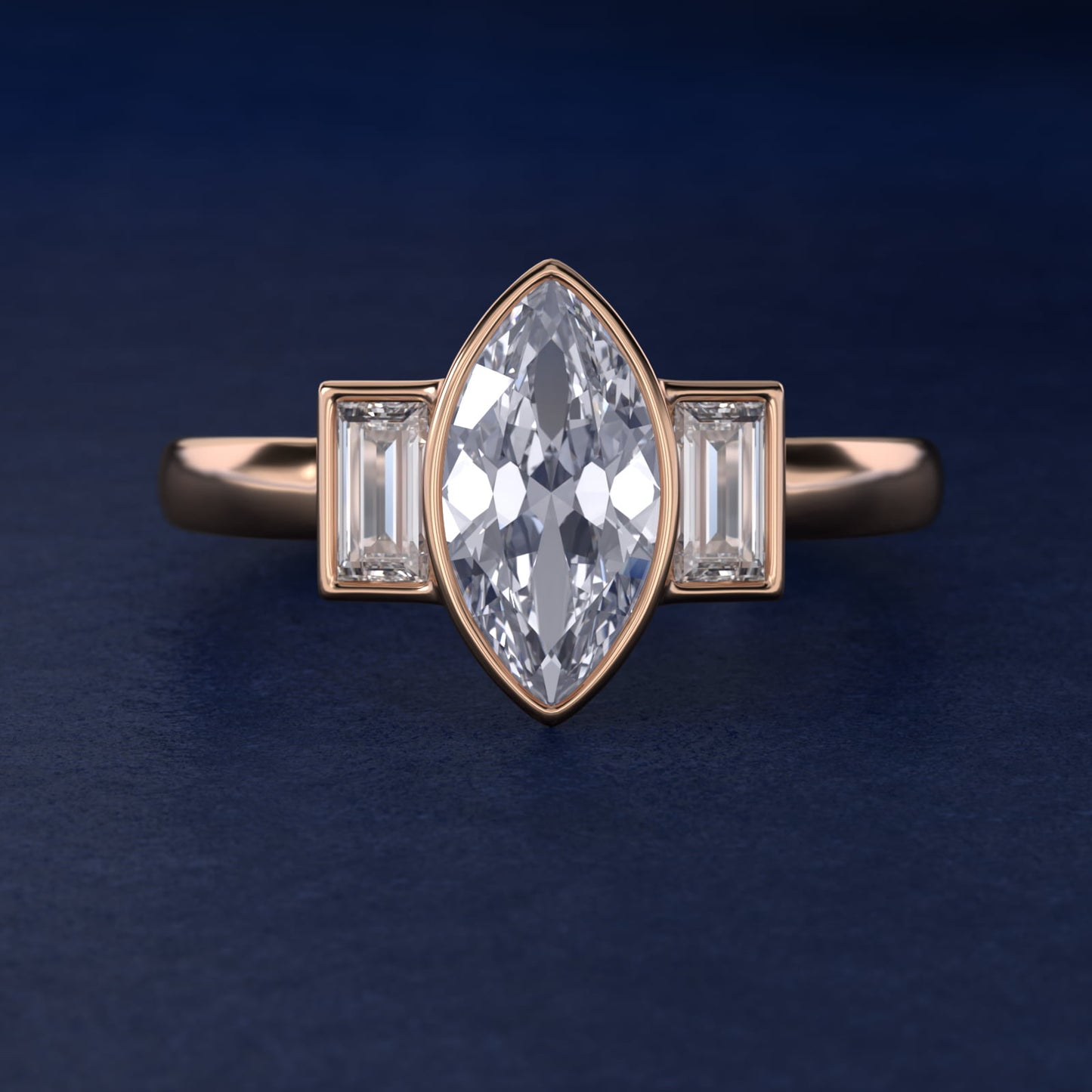 Bezel Straight Baguette Cut Diamond Three Stone Engagement Ring In 14K Rose Gold By James Allen - Marquise Center